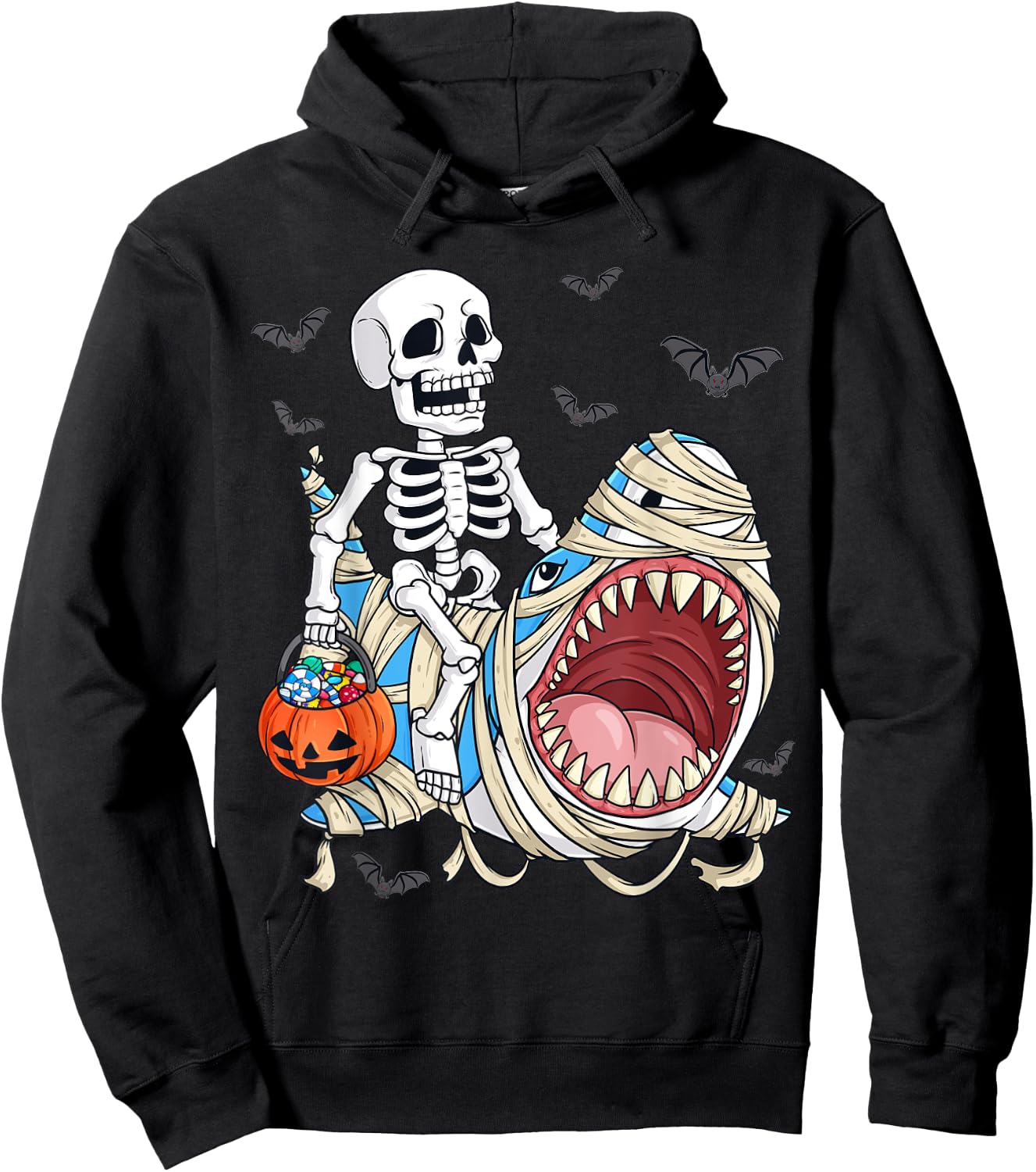 Skeleton Riding Mummy Shark Funny Halloween Pumpkin Kids Hoodie - Hoodie | Black