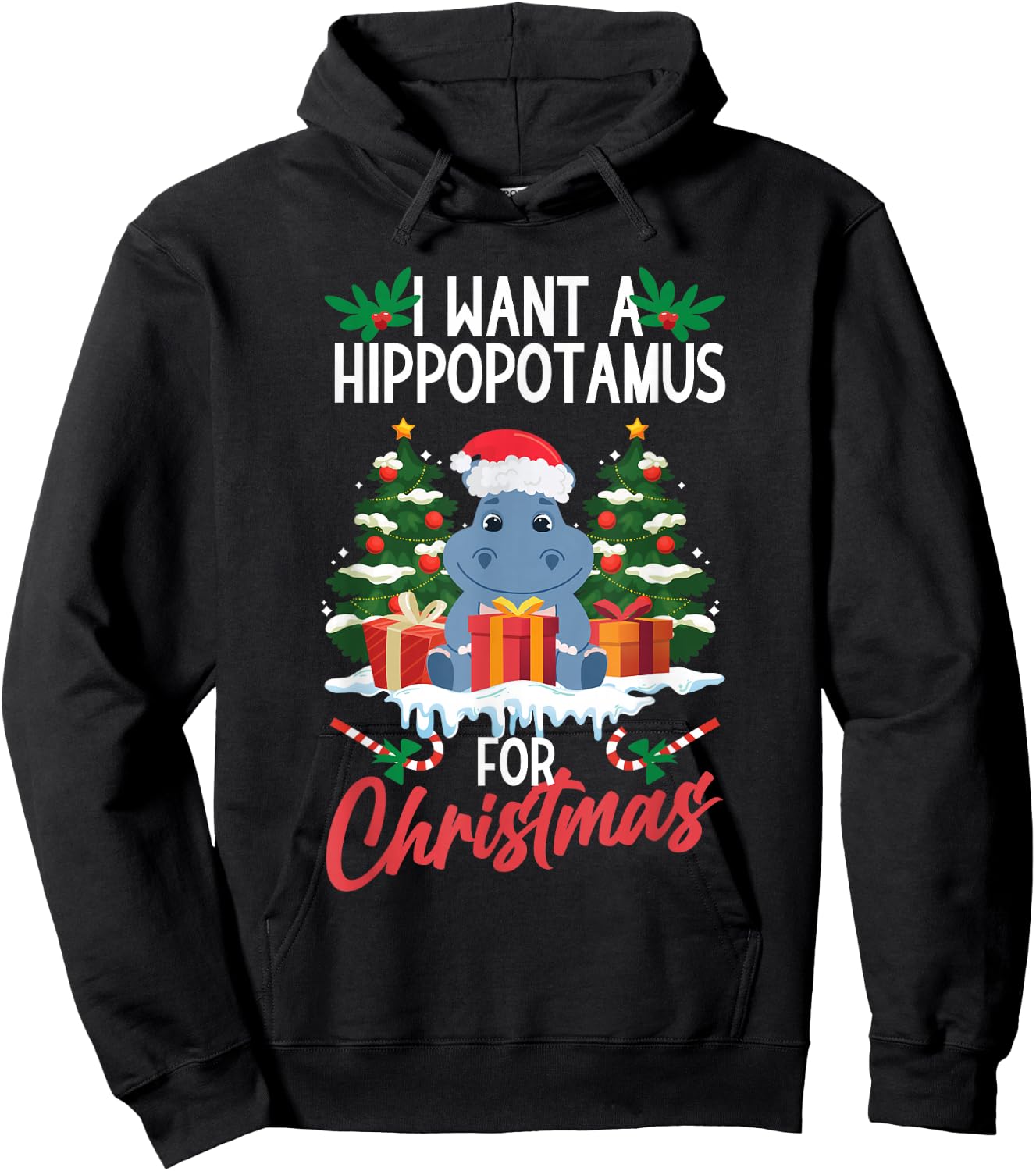 Hippopotamus Merry Christmas Santa Xmas Family Adults Kids Hoodie - Hoodie | Black