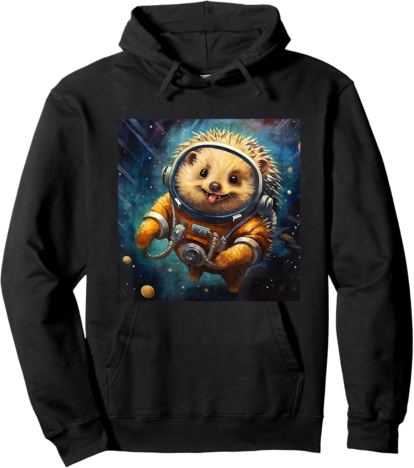 Colorful Sketch Oil Painting Of A Hedgehog In Space Funny Hoodie - Hoodie | Black