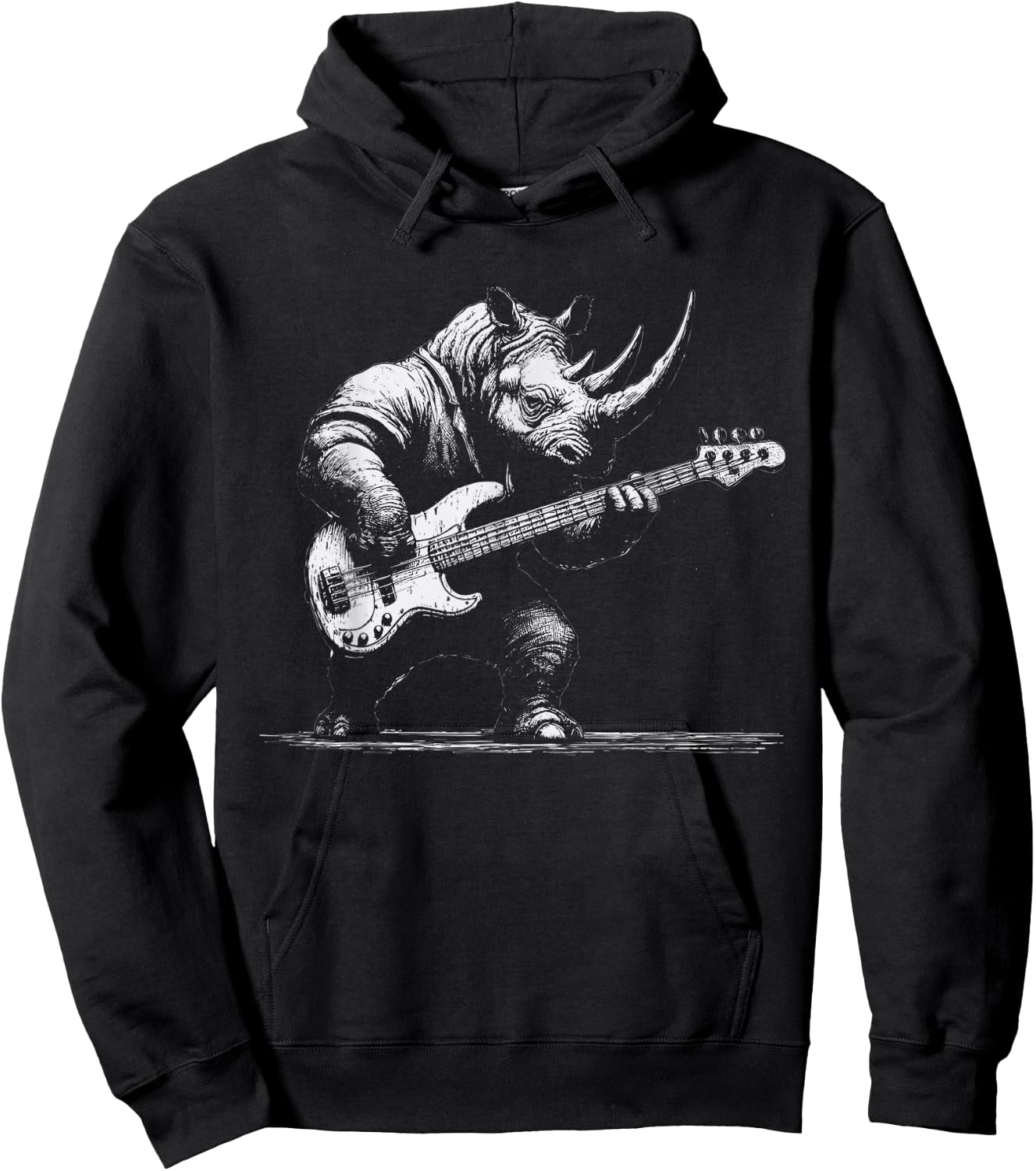 Rock Rhino Playing Bass Guitar - Funny Guitar Rhino Music Hoodie - Hoodie | Black
