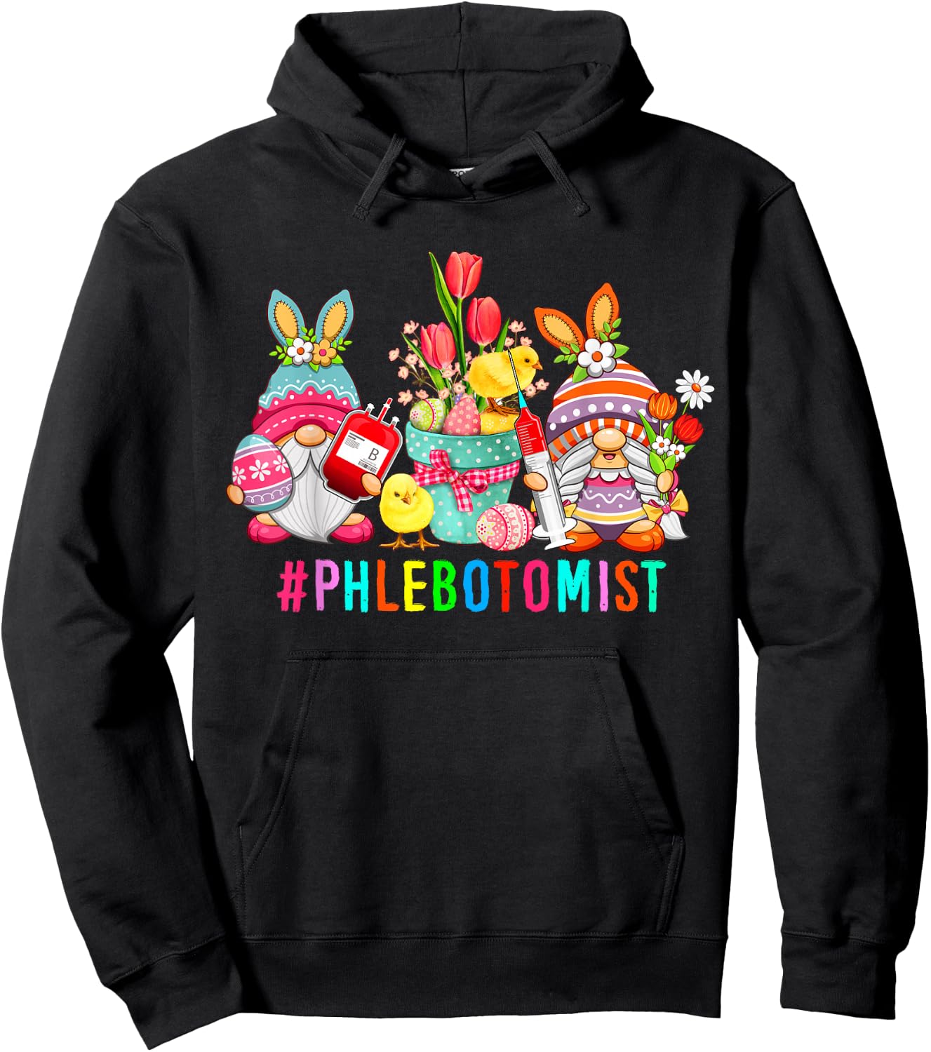 Phlebotomist Easter Bunny Gnomes With Chicks Hunting Eggs Hoodie - Hoodie | Black