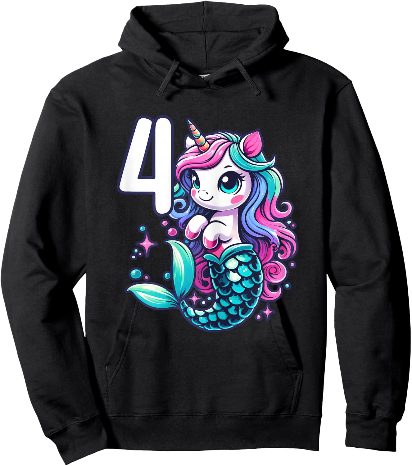 Unicorn Mermaid 4th Birthday 4 Year Old Party Girls Outfit Hoodie - Hoodie | Black