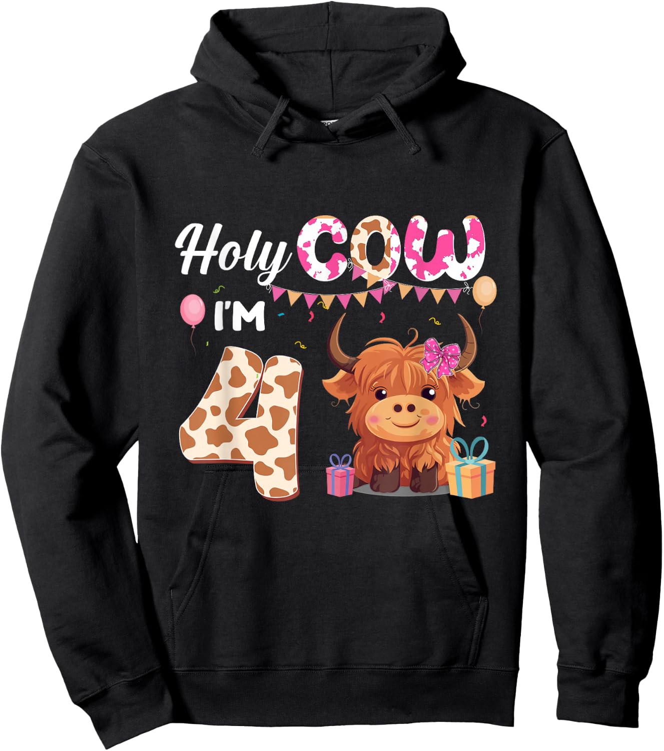 Holy Cow I'm 4 Year Old Birthday Highland Cow 4th Bday Kid Hoodie - Hoodie | Black
