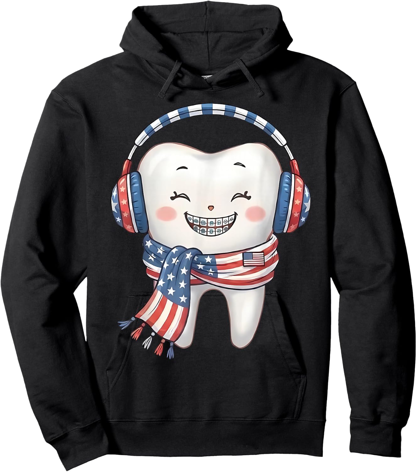 Patriotic USA Flag Molar Tooth 4th July Braces Orthodontist Hoodie - Hoodie | Black