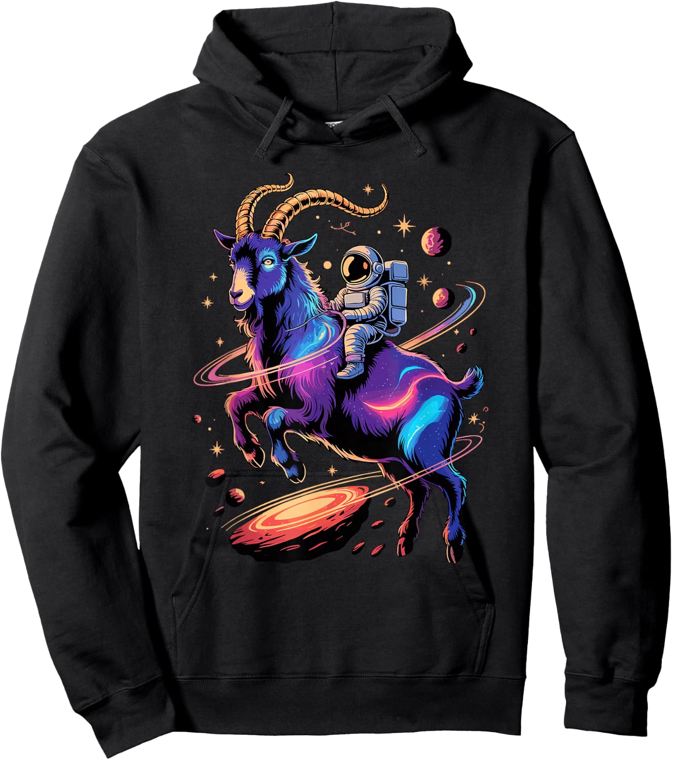 Astronaut Rides Goat Space Stars Comets Galaxy Planets Hoodie - Hoodie | Black