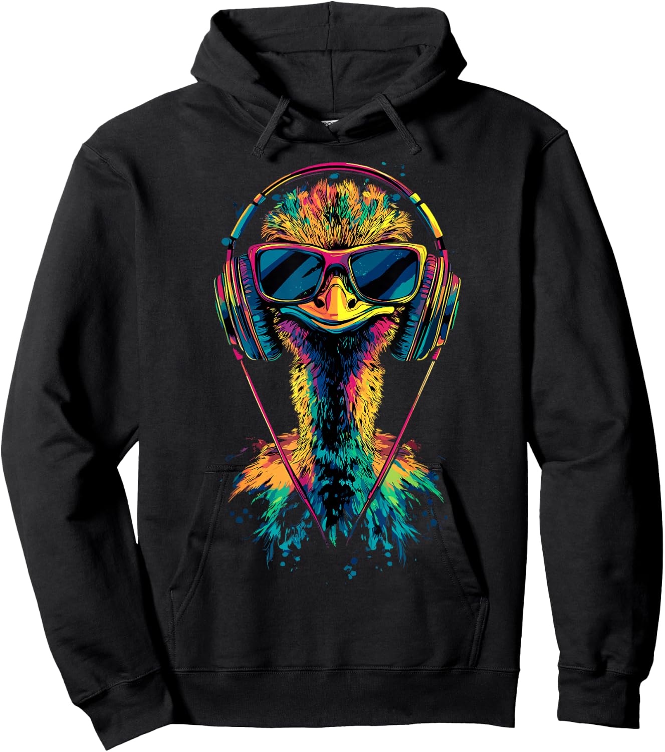 Strauss Bird Ostrich with Headphones Colourful Emu Music DJ Bouquets , black Hoodie - Hoodie | Black