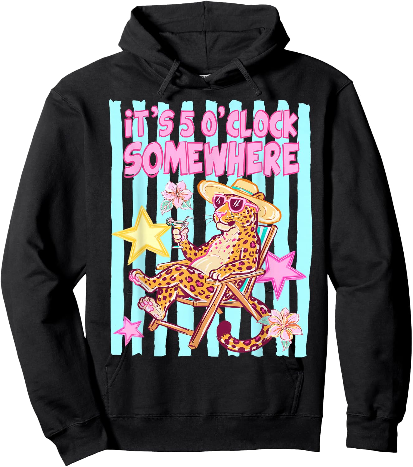 Striped It’s 5 O’Clock Somewhere Beach Vibes Leopard Hoodie - Hoodie | Black