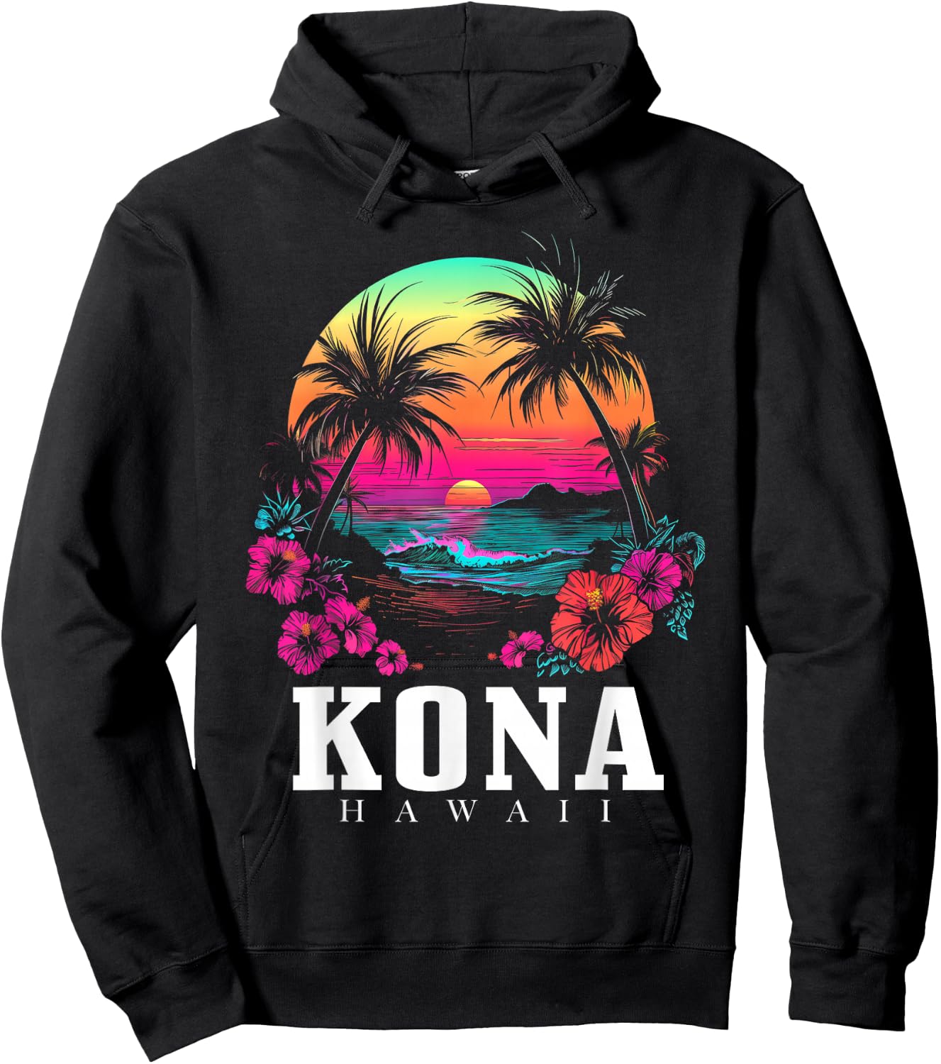Kona Hawaii Hawaiian Hibiscus Flowers Surfer Souvenir Hoodie - Hoodie | Black