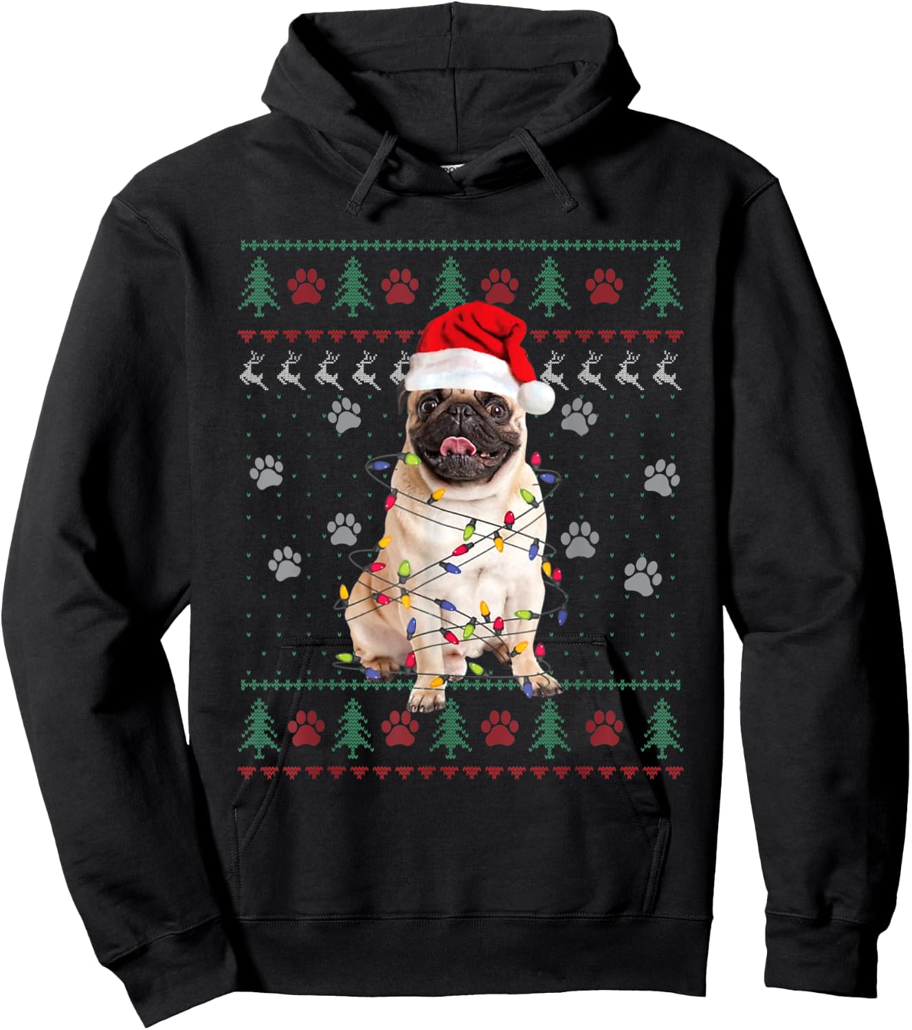 Pug Dog Ugly Christmas Sweater Santa Hat Animal Xmas Pajama Hoodie - Hoodie | Black