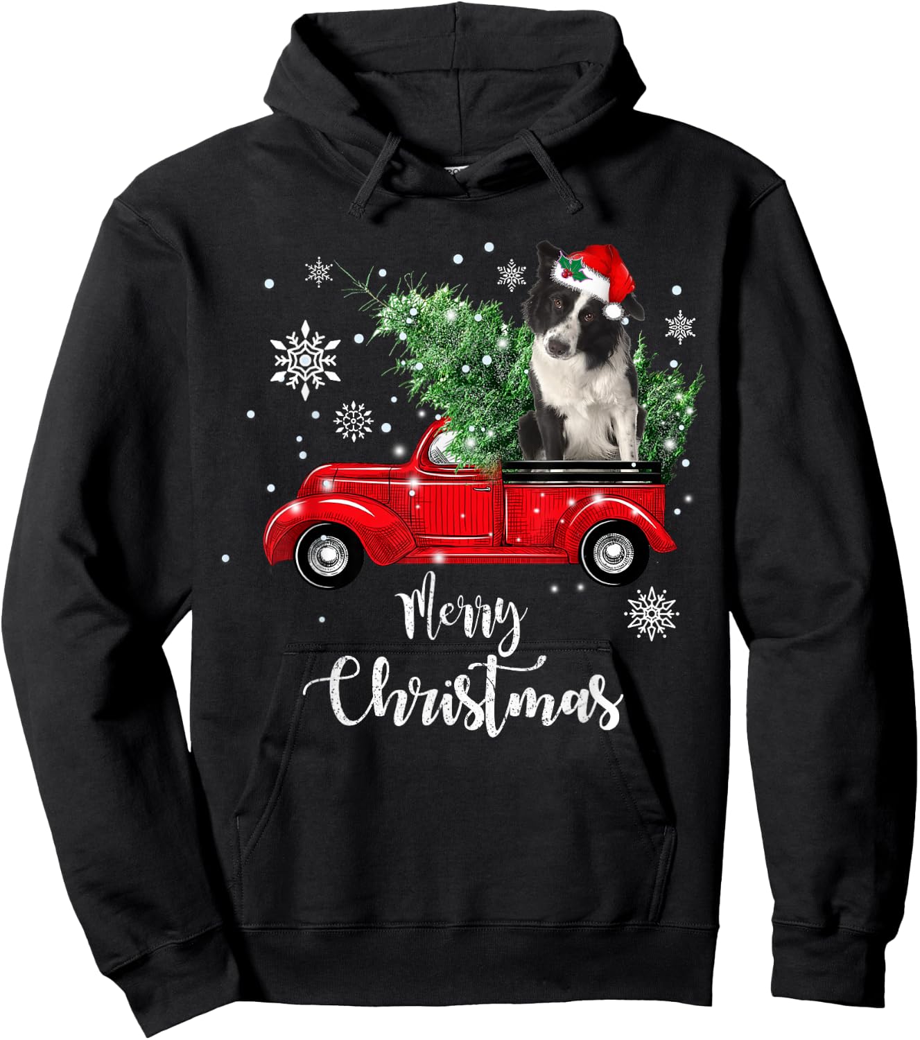 Red Truck Merry Christmas Tree Border Collie Dog Christmas Hoodie - Hoodie | Black