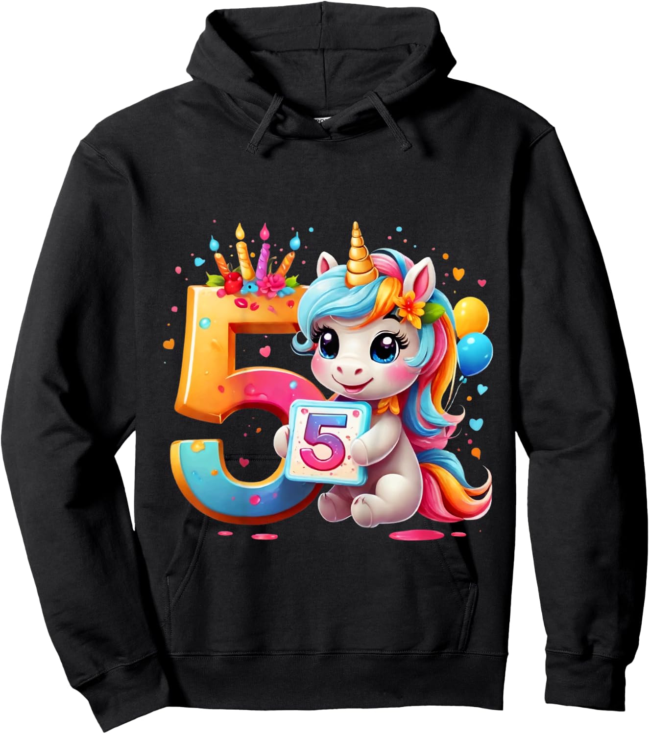 Children's Number 5 Years Girls Unicorn 5th Birthday , black Hoodie - Hoodie | Black