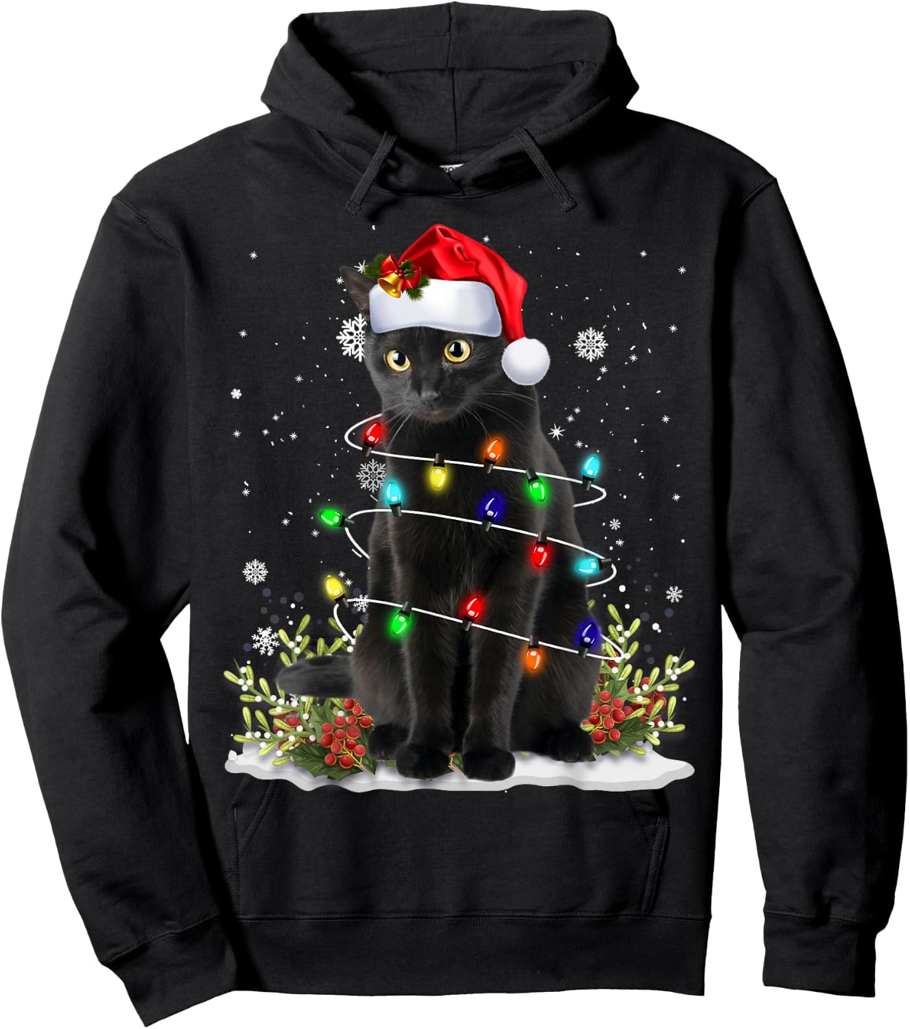 Black Cat Christmas Santa Hat Funny Meowy Cats Women Men Hoodie - Hoodie | Black