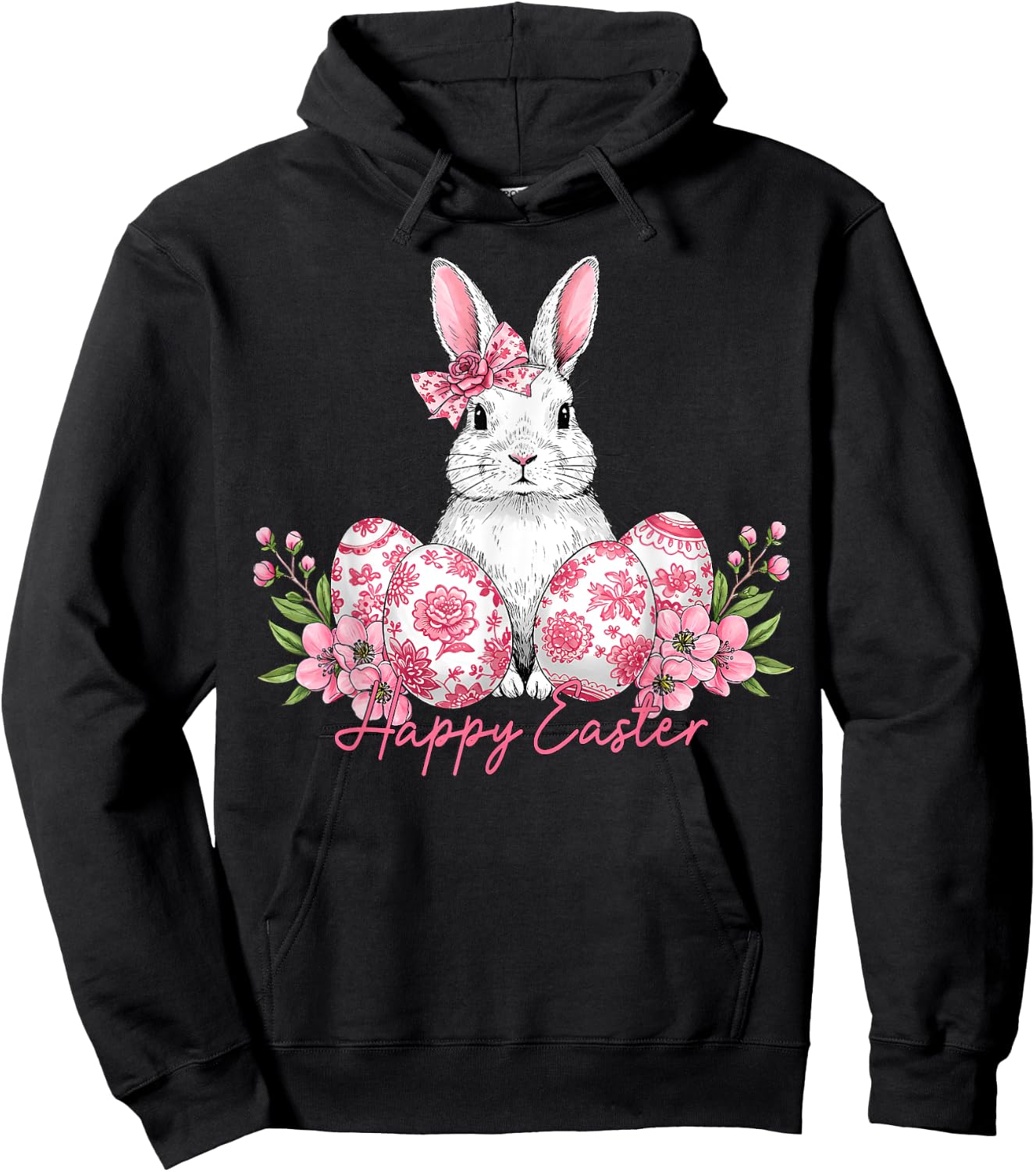 Happy Easter Chinoiserie Eggs Florals Bunny Coquette Bow Hoodie - Hoodie | Black