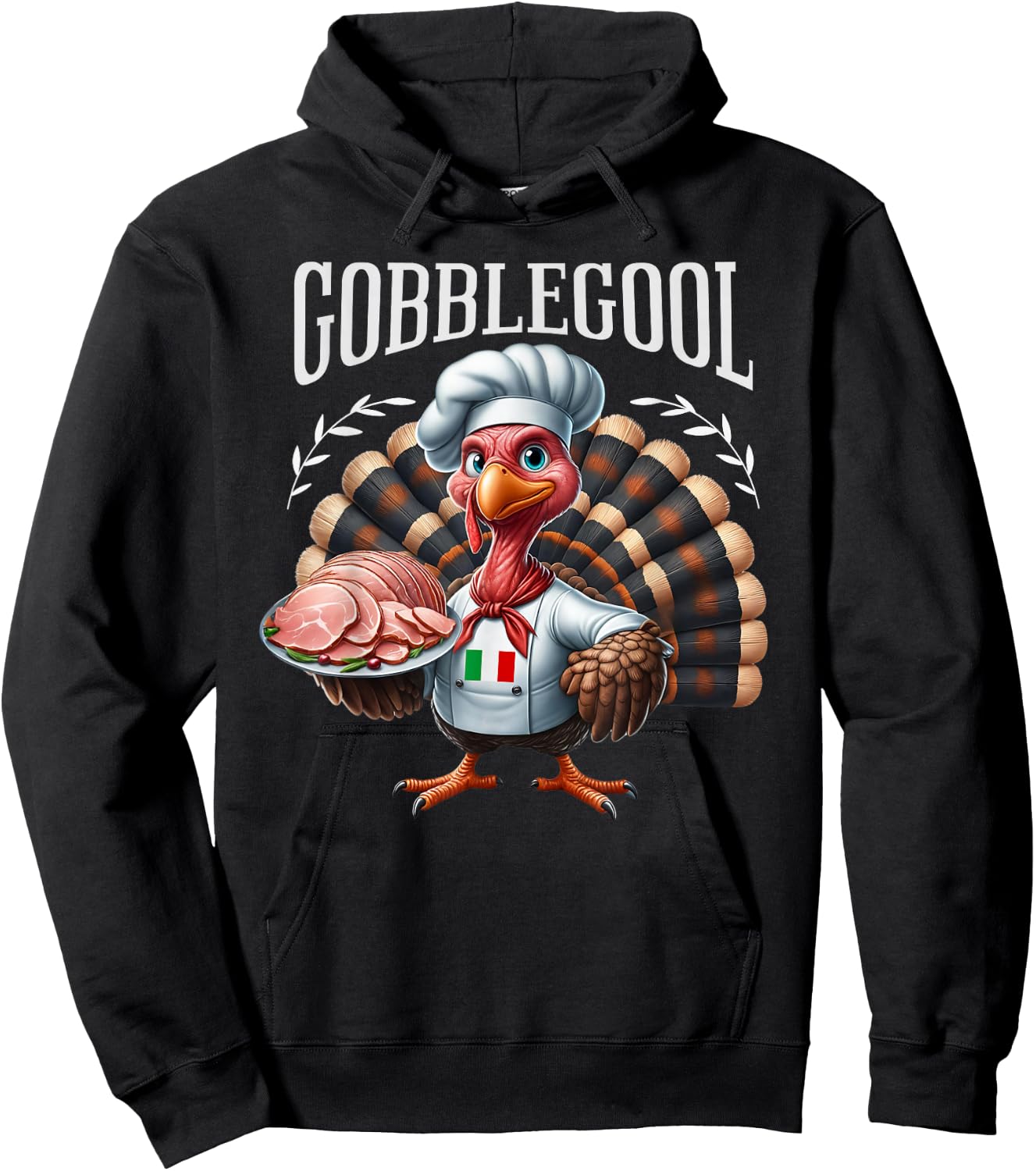 Funny Gobblegool Turkey Cheef Shirt - Adults Thanksgiving Retro Cartoon Turkey - Black, Small, Short Sleeve Hoodie - Hoodie | Black