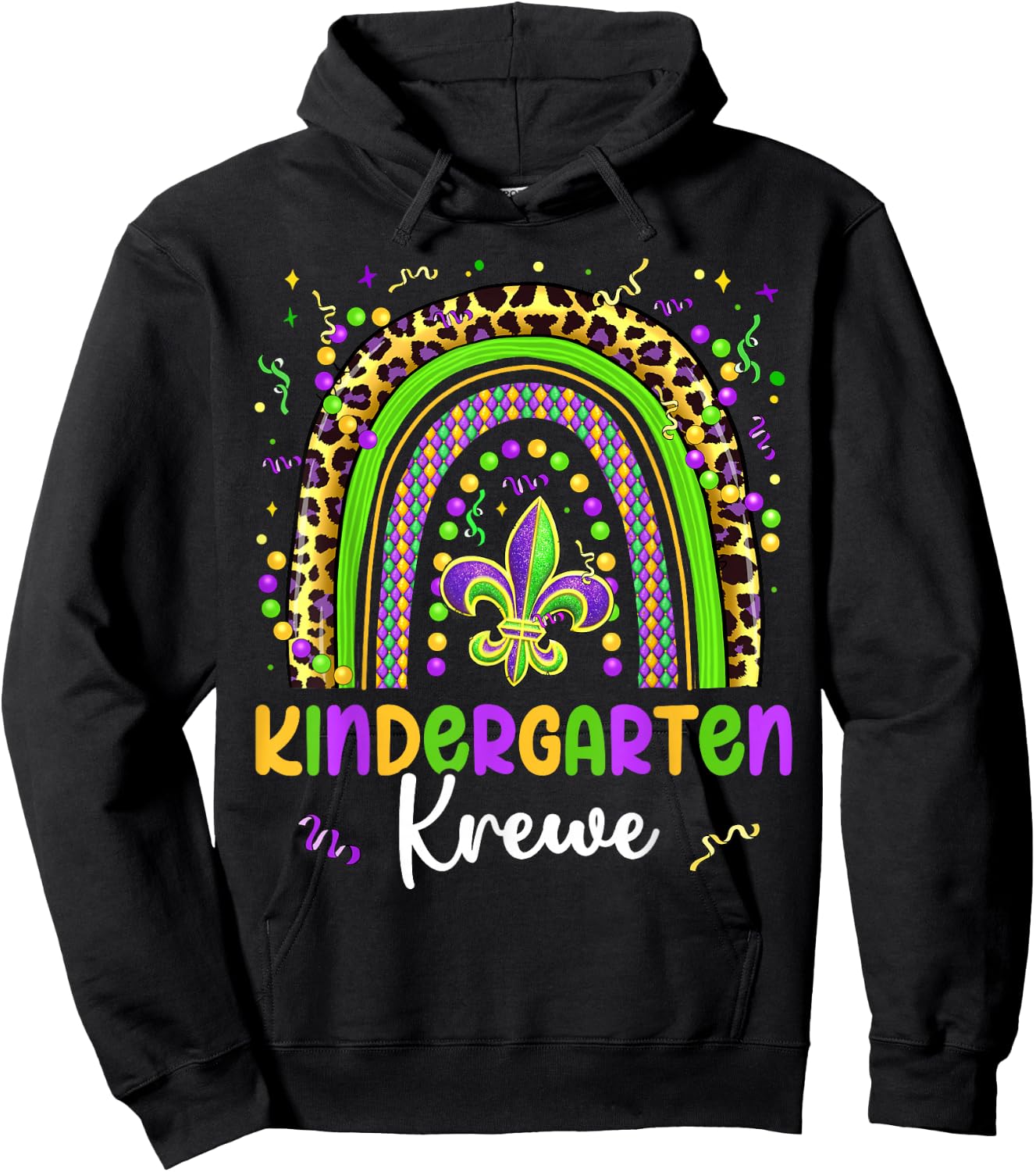 Mardi Gras Kindergarten Krewe Rainbow Teacher Kids Carnival Hoodie - Hoodie | Black