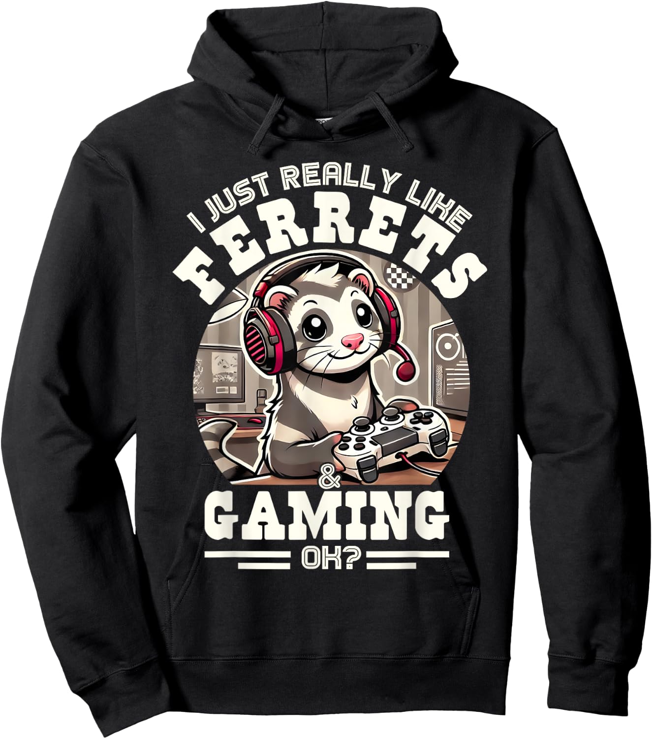 I Just Really Like Ferrets & Gaming, Ok? Funny Vintage Hoodie - Hoodie | Black