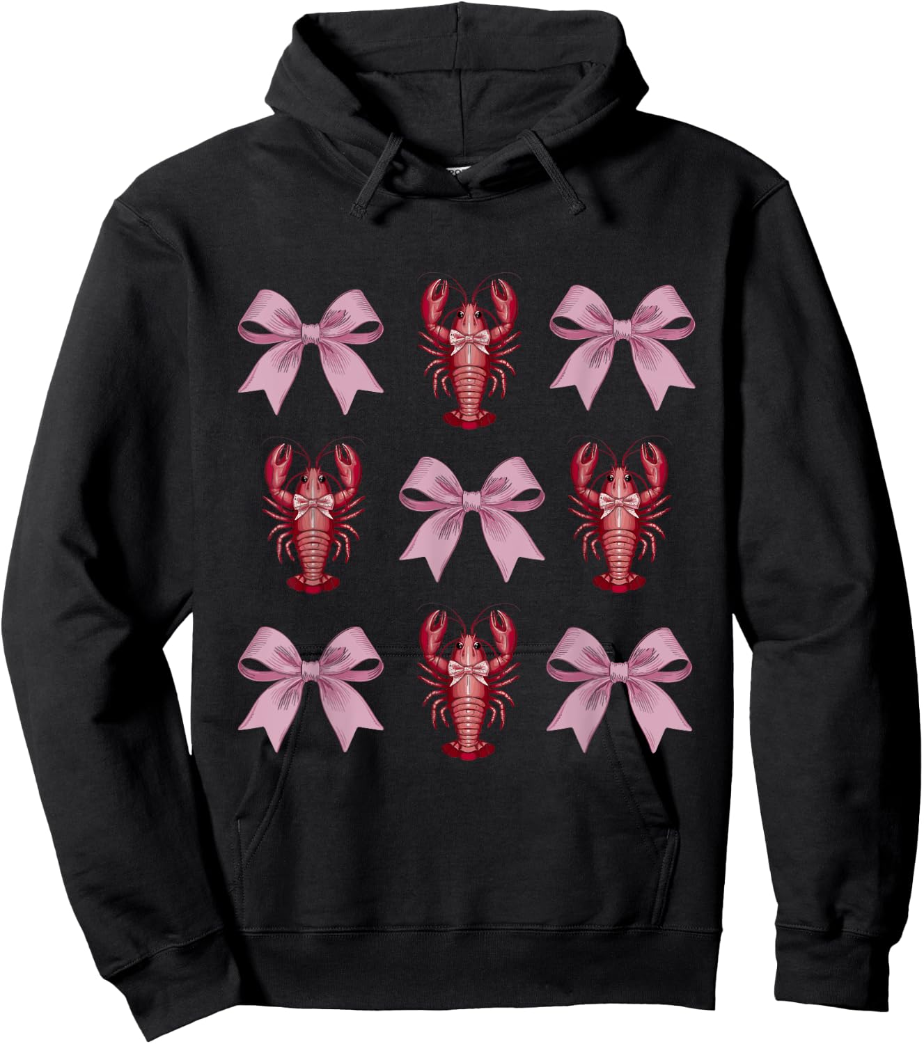 Cute Pink Bow Coquette Crawfish Clean Girl Aesthetic Lobster Hoodie - Hoodie | Black