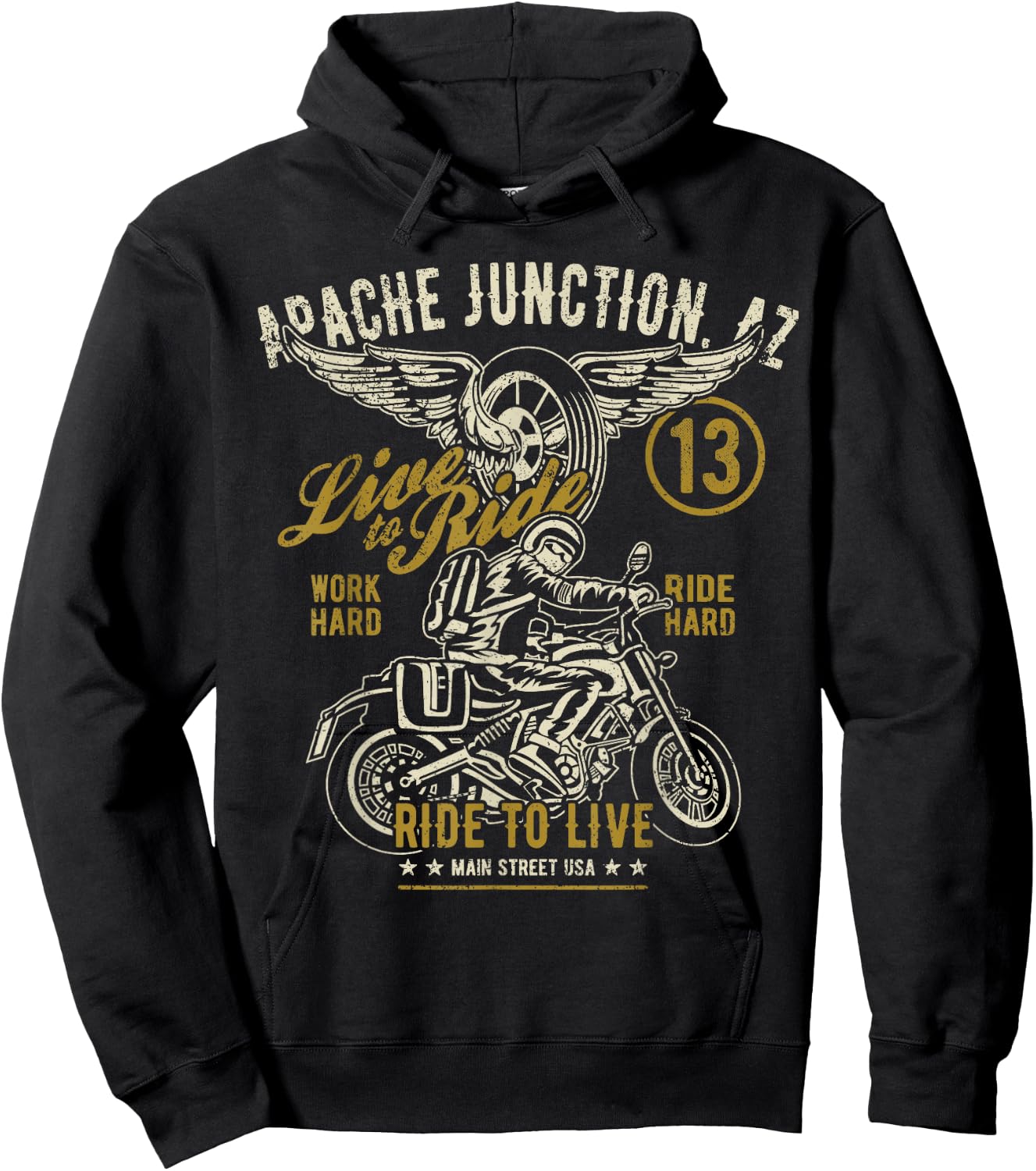 Apache Junction AZ USA Distressed Style Motorcycle Design Hoodie - Hoodie | Black