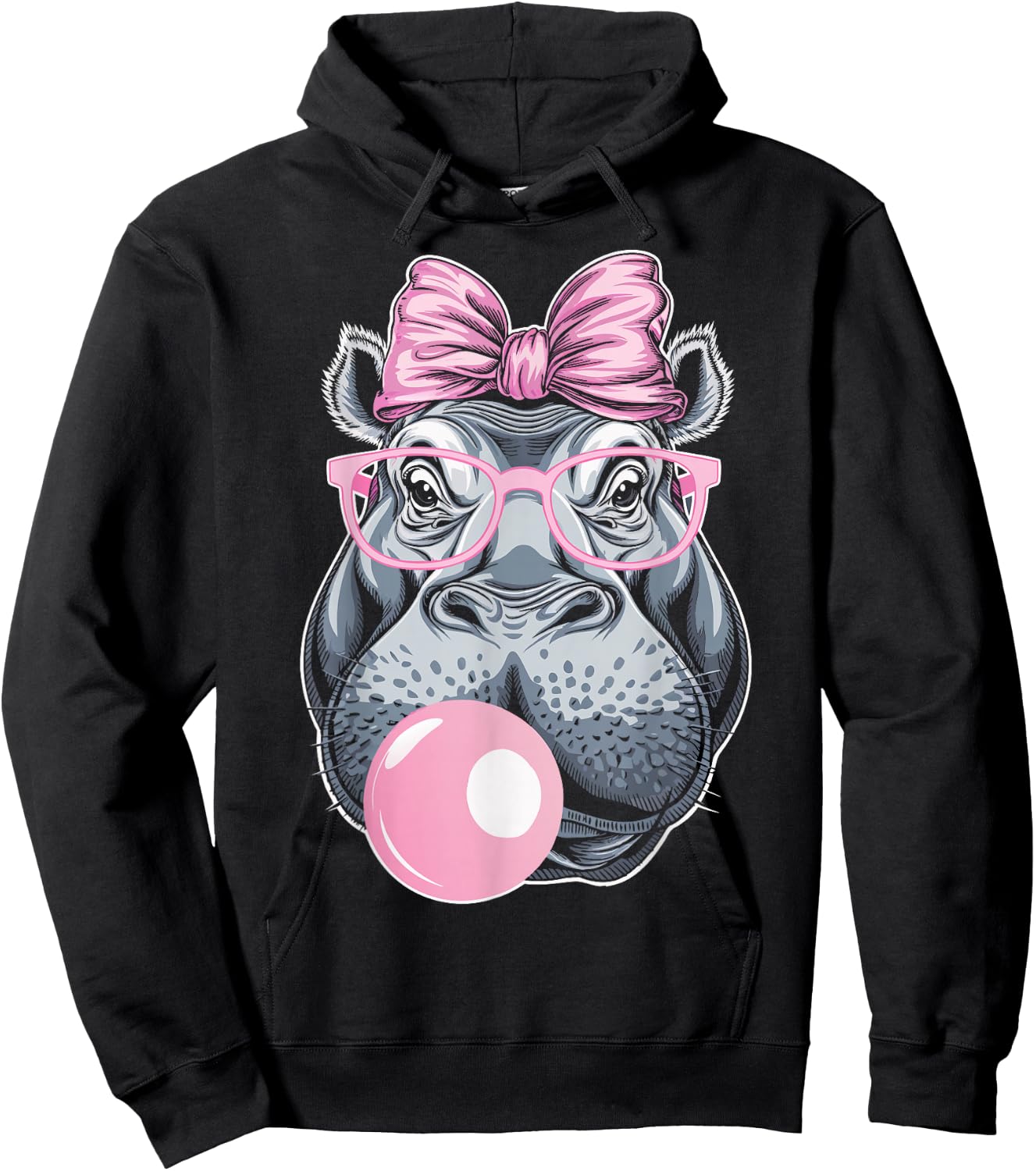 Hippo Wearing Glasses and Blowing Pink Bubble Gum Hoodie - Hoodie | Black