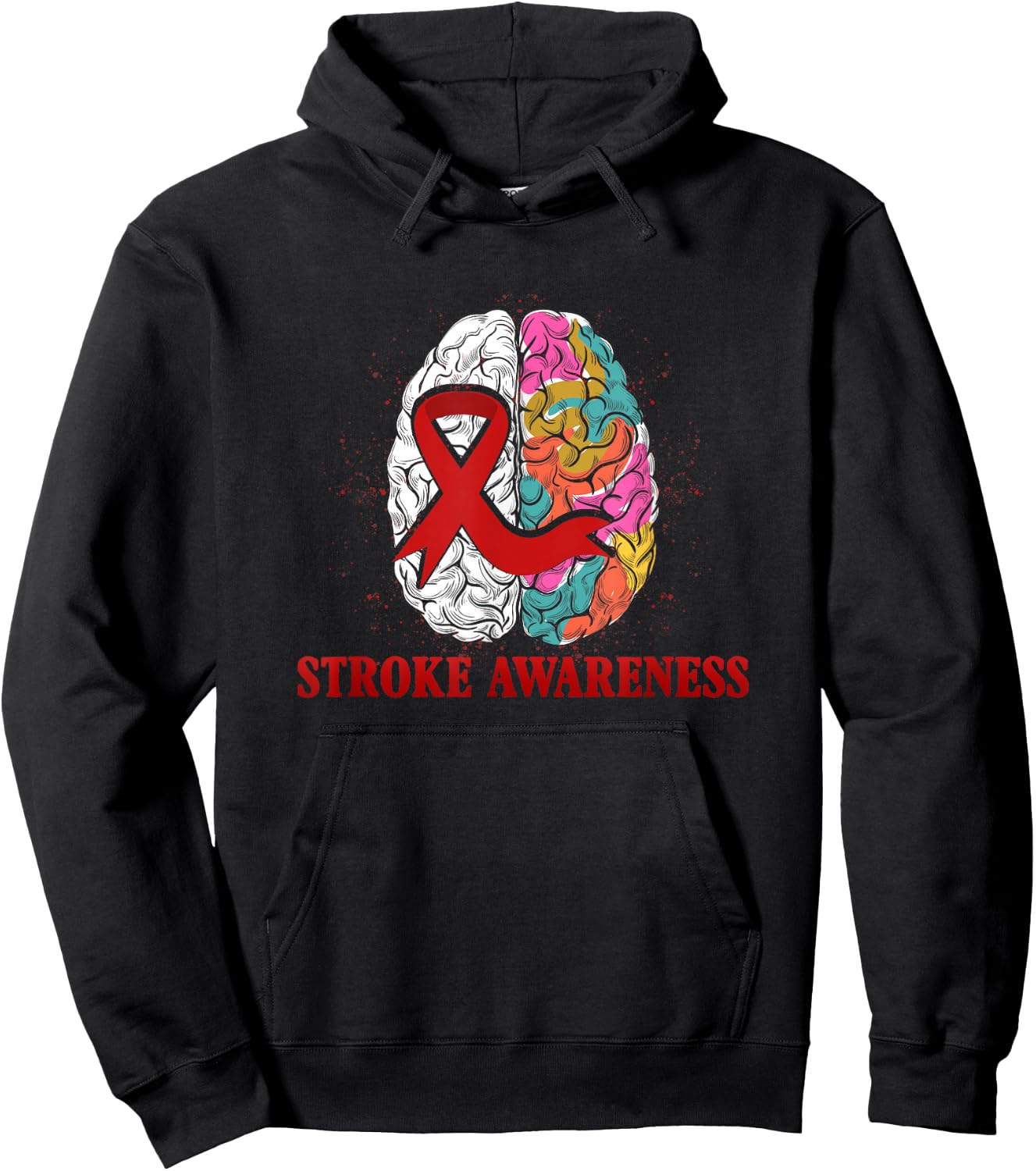 Stroke Awareness Red Ribbon Colorful Brain Stroke Prevention Hoodie - Hoodie | Black