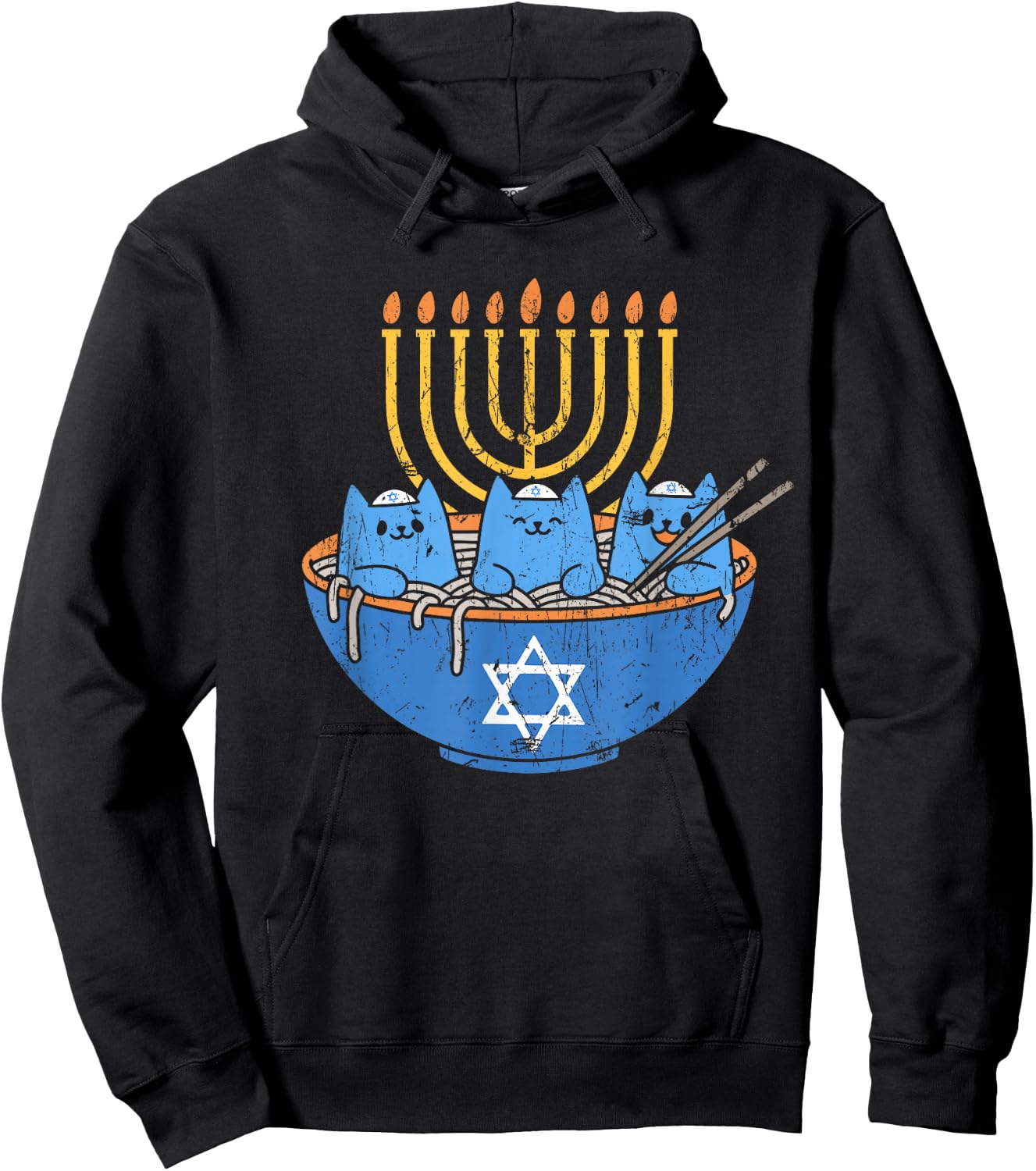 Chanukah Lover Hanukkah Gifts Jewish Cats Ramen Kitten Anime Hanukkah - -Adult, Anime, Cat Lovers, Families - Black, Small, Short Sleeve Hoodie - Hoodie | Black