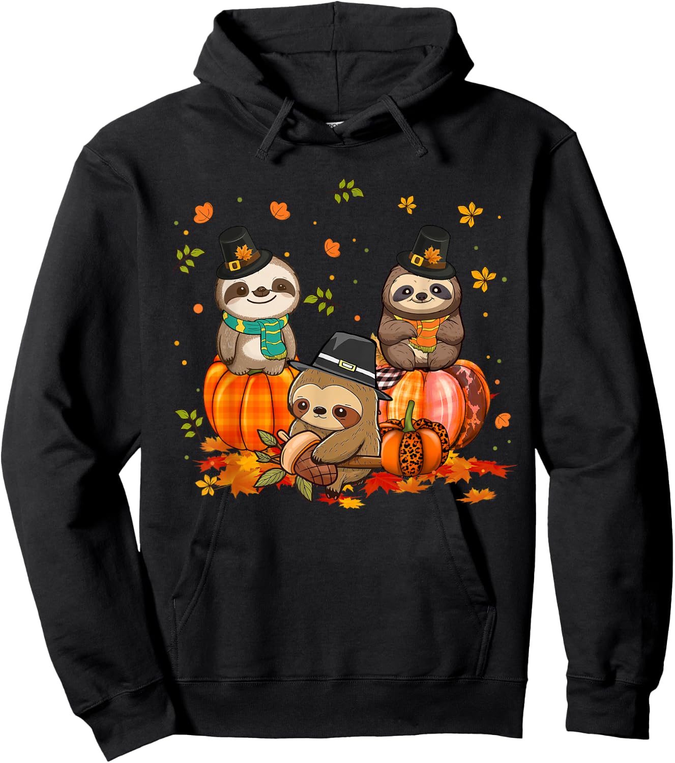 Sloth Pumpkin Leopard Buffalo Plaid Fall Thanksgiving Hoodie - Hoodie | Black