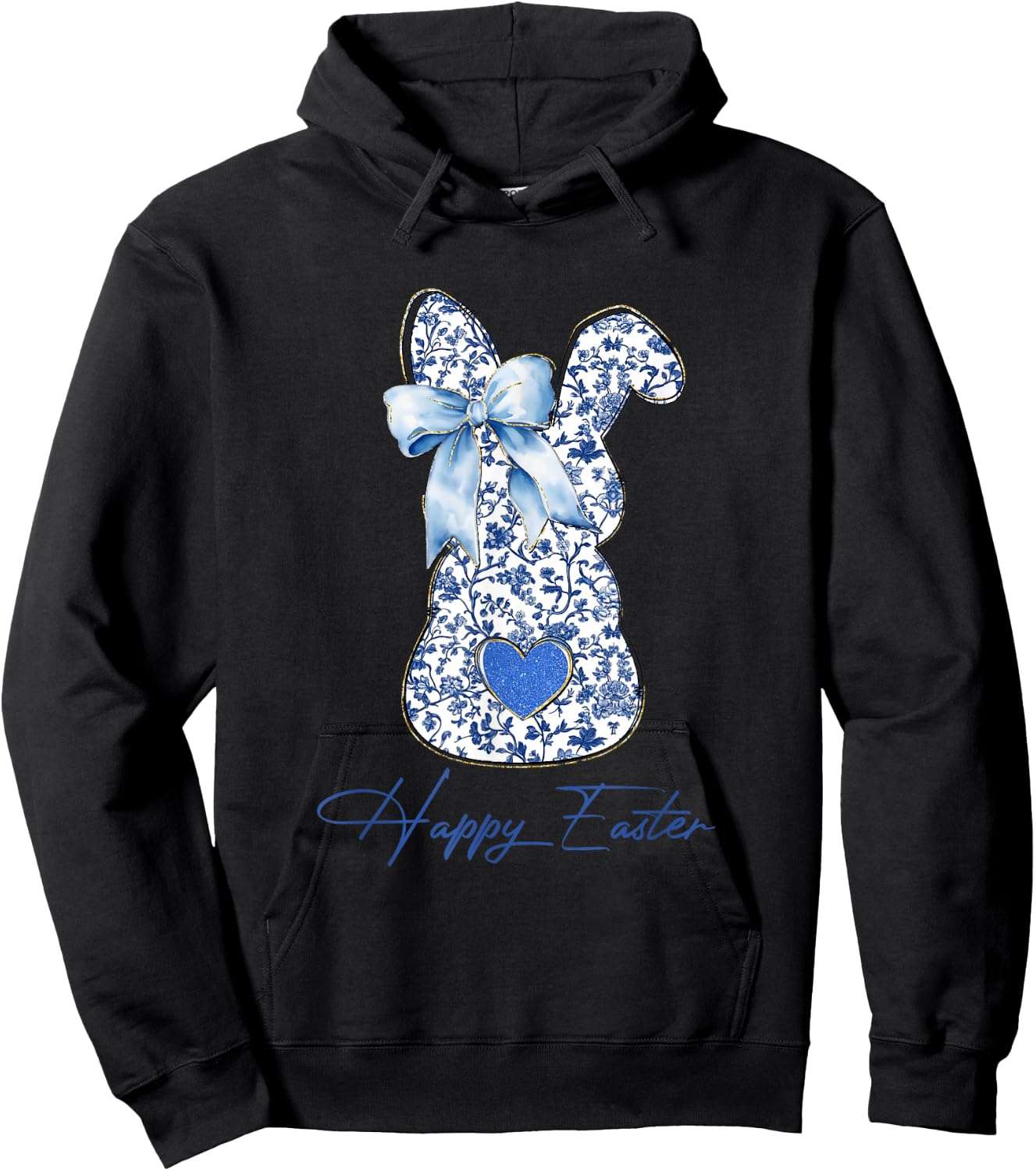 Happy Easter Blue Toile Chinoiserie Bunny Rabbit Women Girls Hoodie - Hoodie | Black