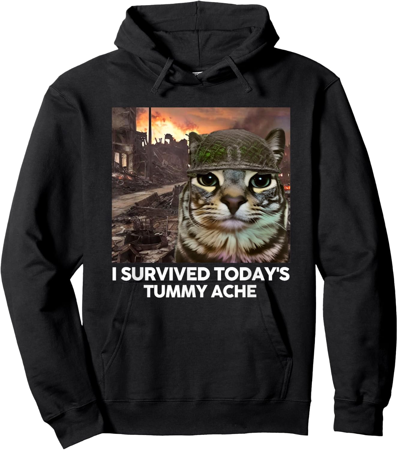 I Survived Today's Tummy Ache Funny Cat Meme Men Women Girls Kids Hoodie - Hoodie | Black