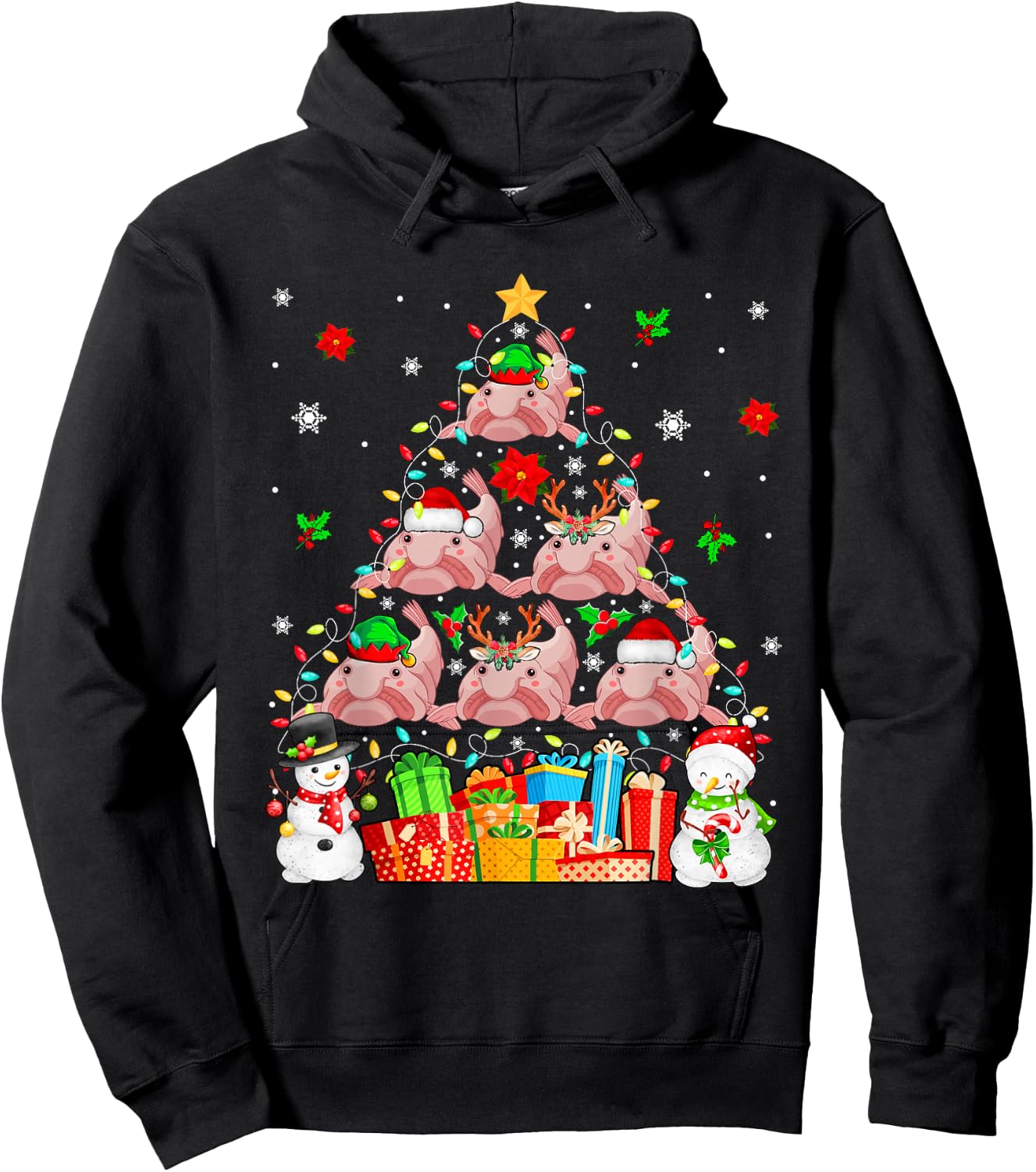Group Santa Reindeer Elf Blobfishes As Xmas Tree Snowmen Hoodie - Hoodie | Black