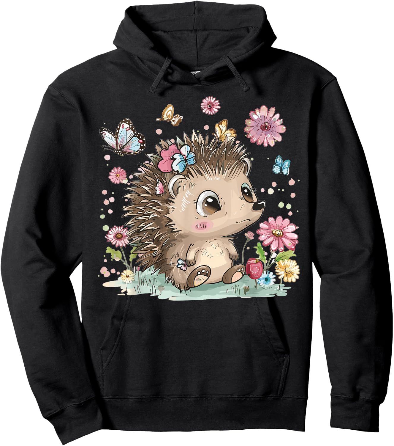 Cute Hedgehog With Flowers I Hedgehog Hoodie - Hoodie | Black