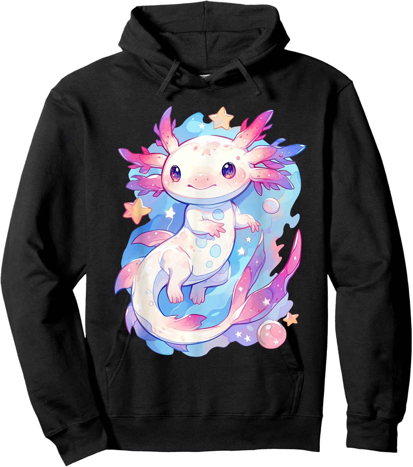 Kawaii Pastel Goth Cute Pink Axolotl with Stars and Moon Hoodie - Hoodie | Black