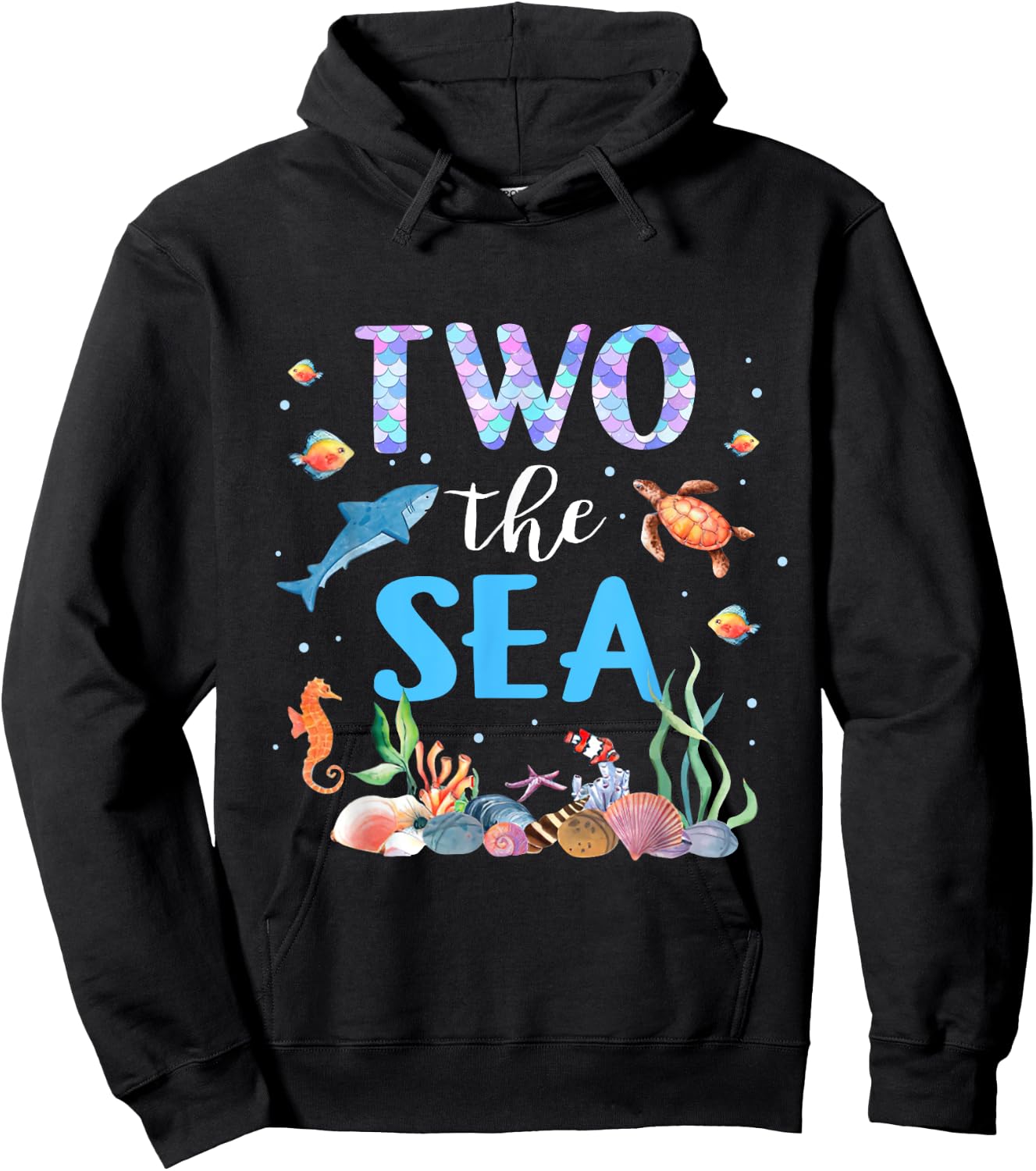 Two The Sea 2nd Birthday Baby Girl Outfits Mermaid Turtle Hoodie - Hoodie | Black