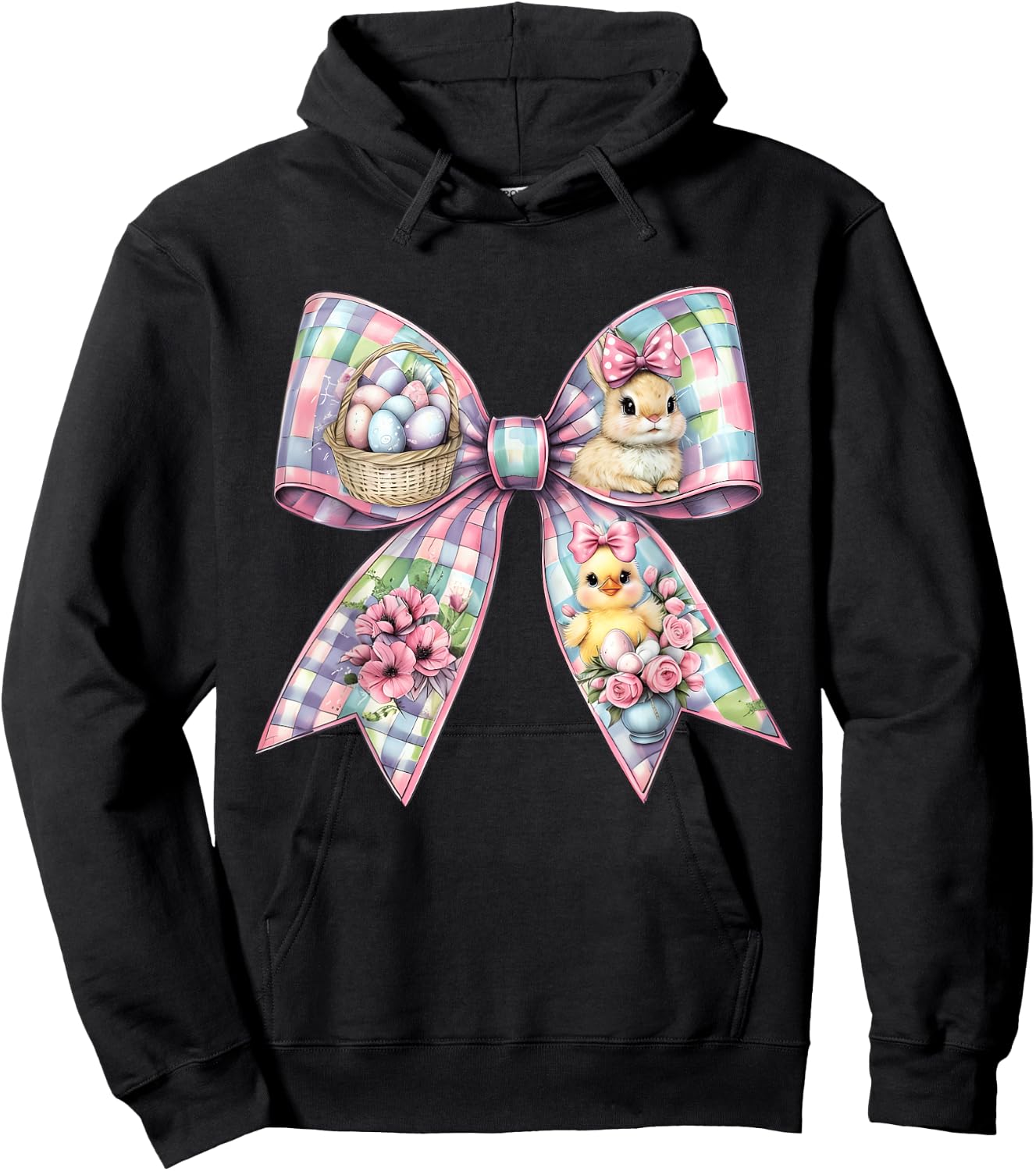Happy Easter Bunny Coquette Bow Floral Spring Women Girl Kid Hoodie - Hoodie | Black