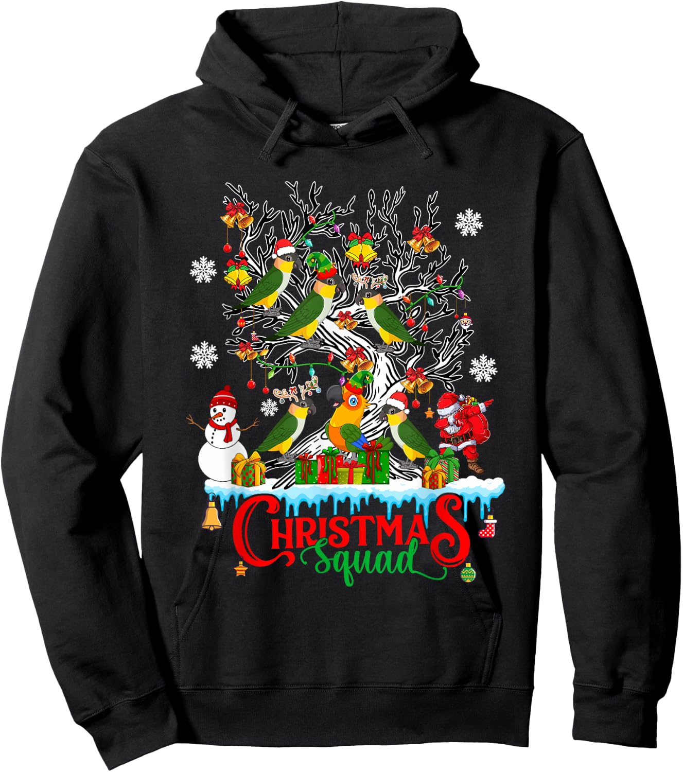 Christmas Squad Santa Reindeer Caique Parrots On Xmas Tree Hoodie - Hoodie | Black