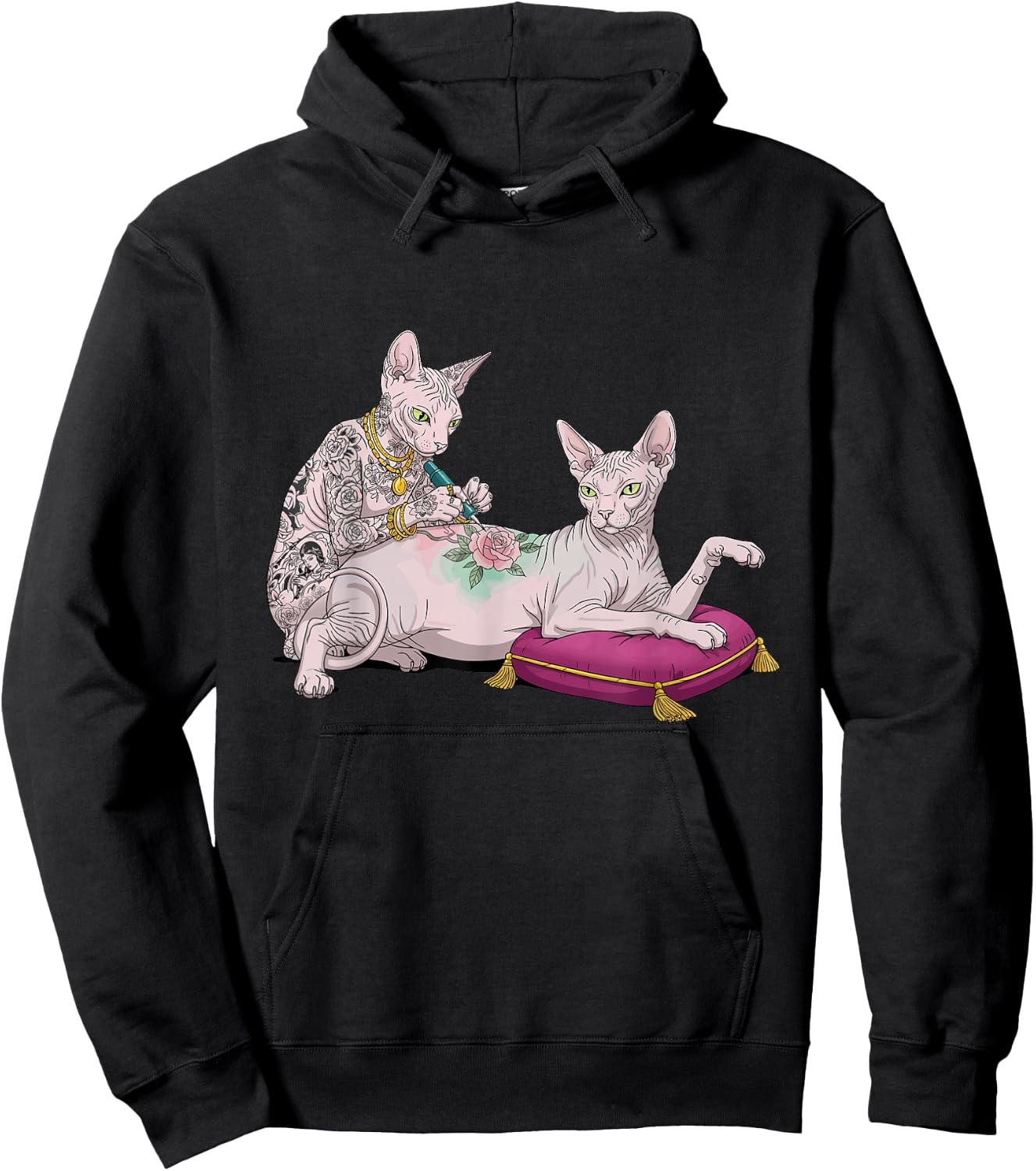 Sphynx Cat Tattooing Funny Meme Kitty Humor Tattoo Artist Hoodie - Hoodie | Black