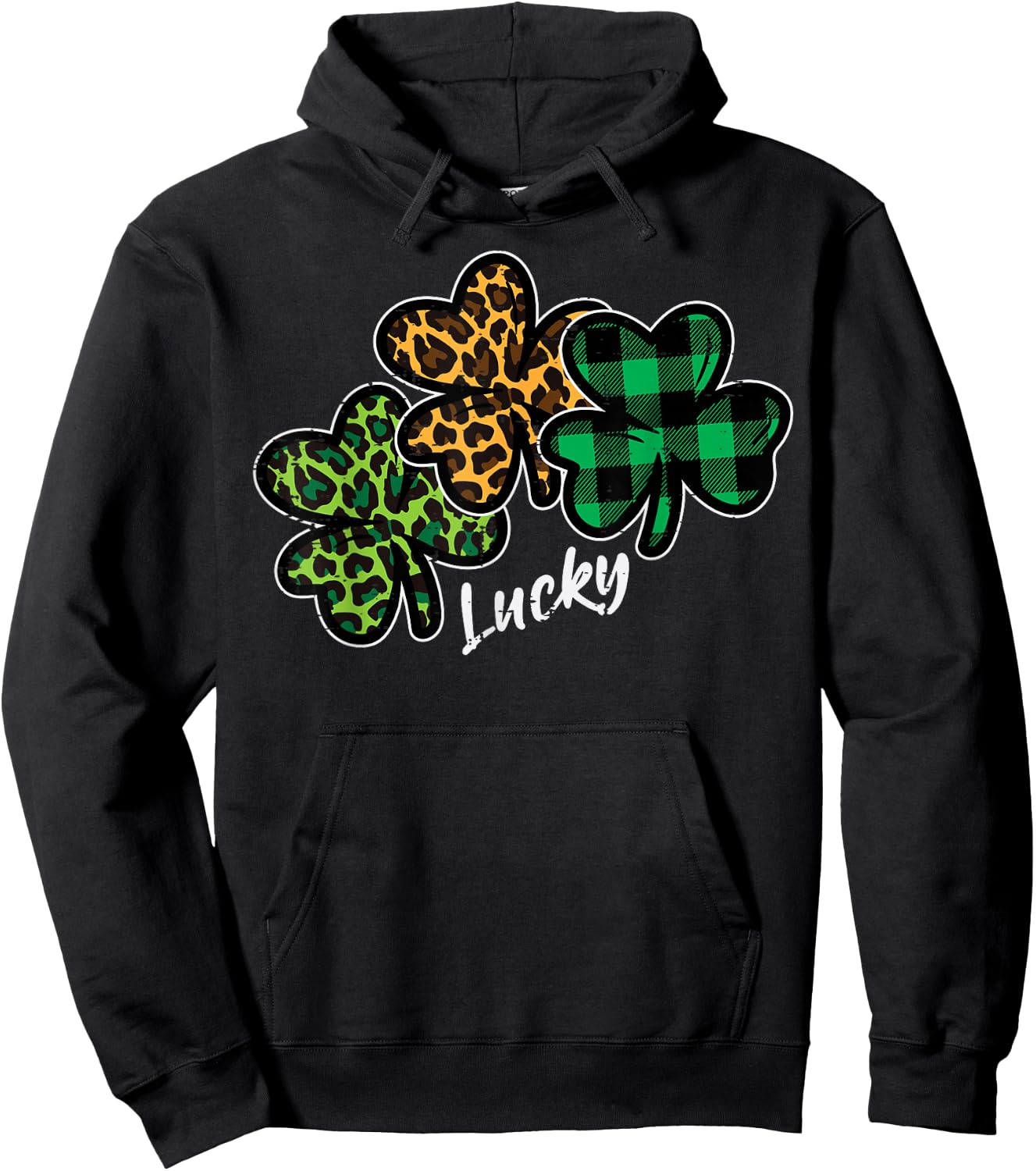 Leopard Shamrocks Lucky St Patricks Day Women Girls Kids Hoodie - Hoodie | Black