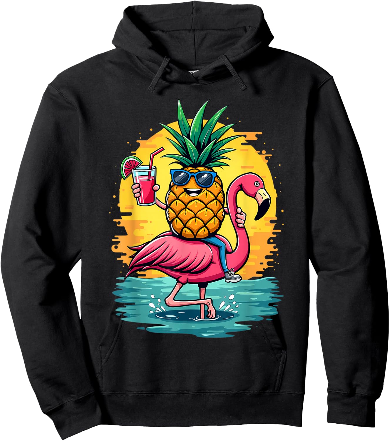Flamingo and Pineapple Beach Hawaiian Boys Vintage Hoodie - Hoodie | Black