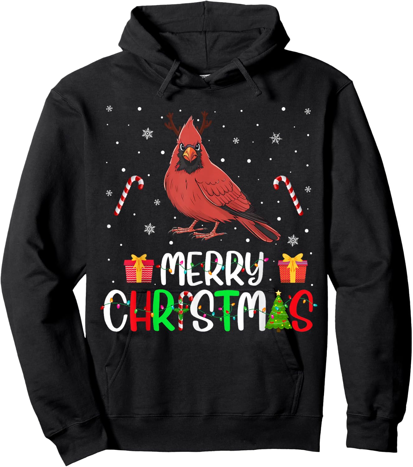 Merry Christmas Lights Cardinal Bird Reindeer Hat Xmas PJs Hoodie - Hoodie | Black