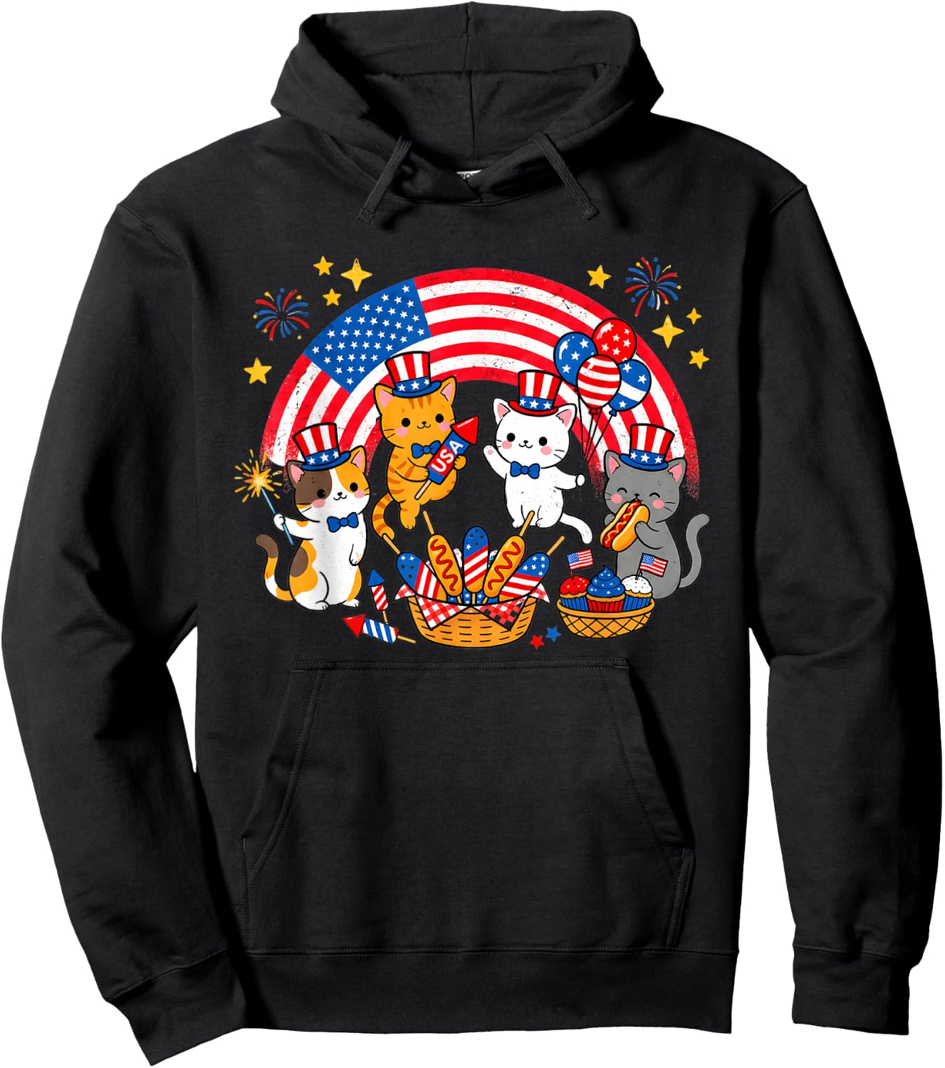 Patriotic Cat 4th of July Firework American Flag Women Girls Hoodie - Hoodie | Black