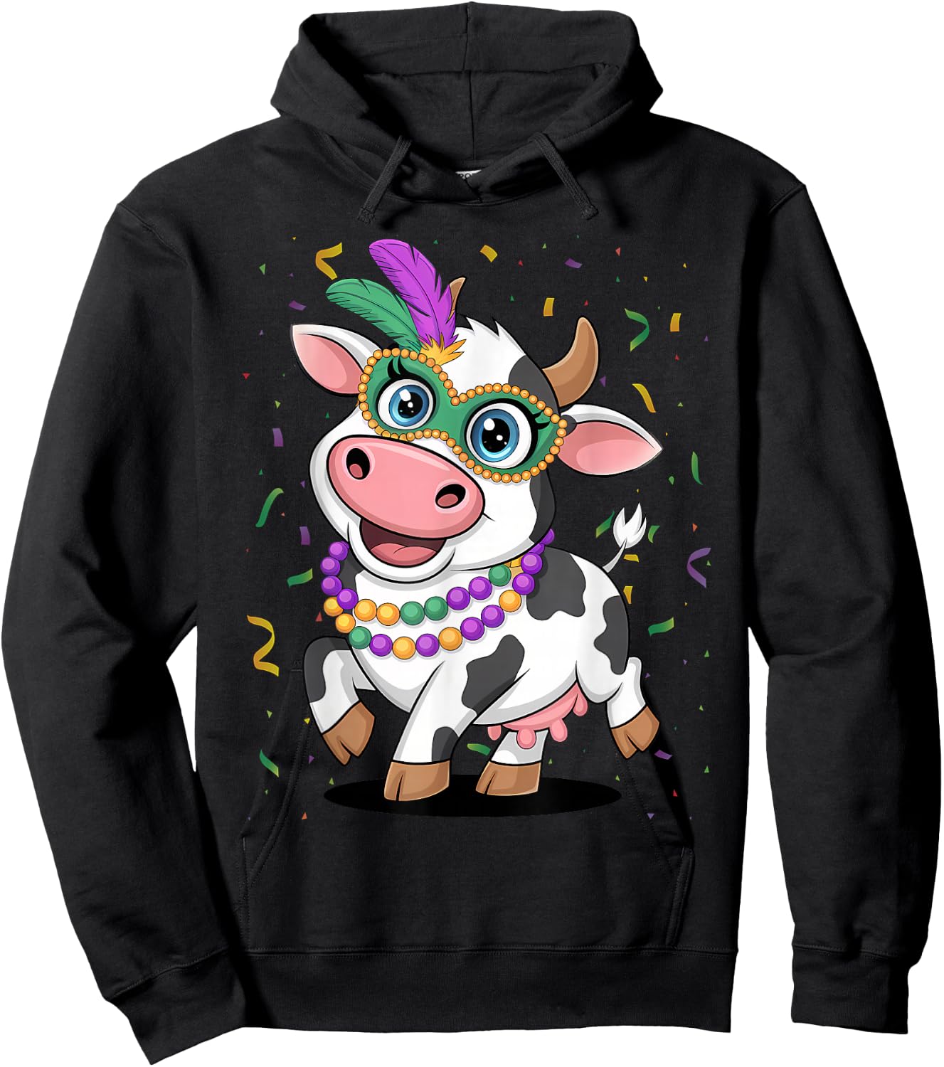 Mardi Gras Cow Wearing Mardi Gras Costume Beads Hoodie - Hoodie | Black