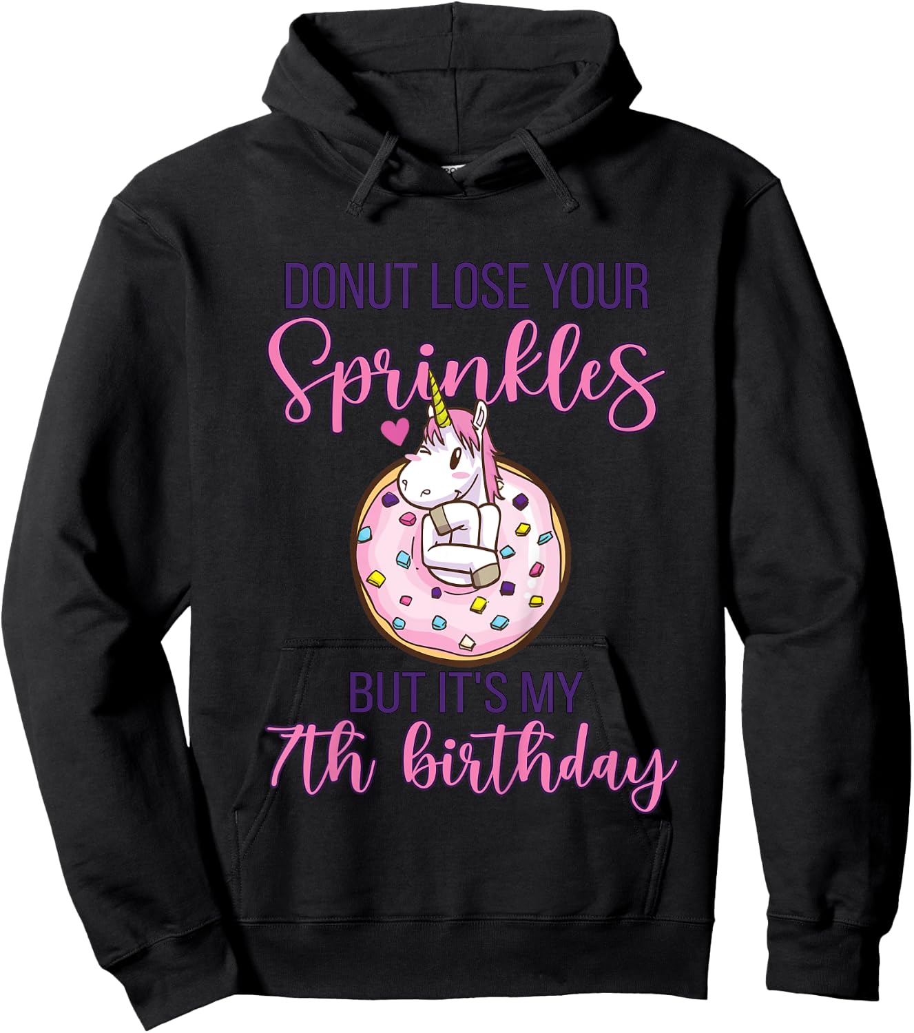 7th Donut Birthday Party Unicorn Seven Year Old Sweet Girl Hoodie - Hoodie | Black