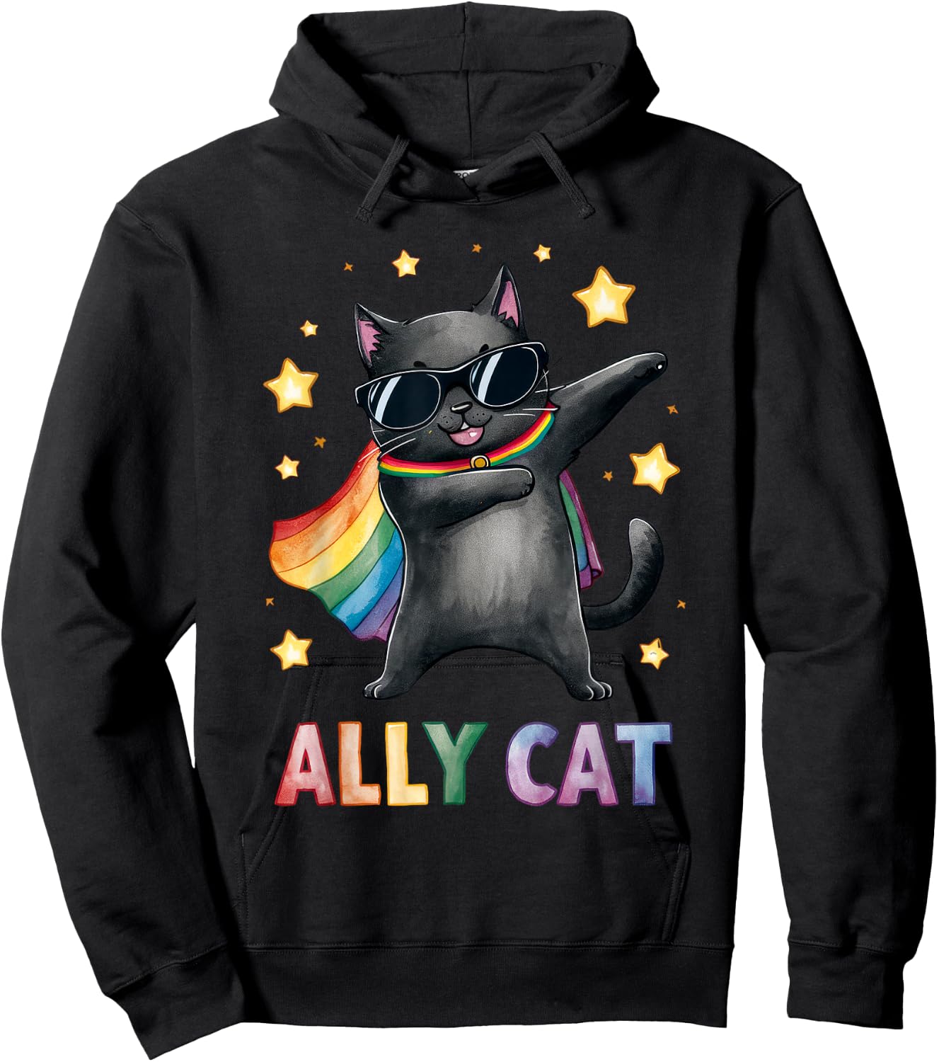 Gay Pride Month Ally Cat Funny LGBTQ Rainbow Men Women Kids Hoodie - Hoodie | Black