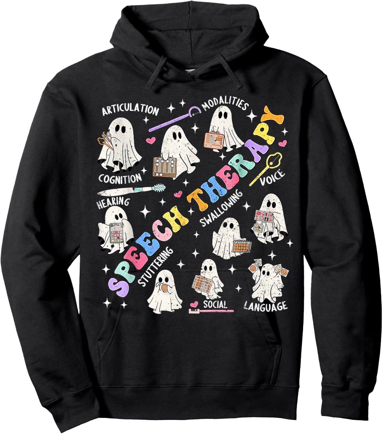 Speech Therapy Retro Groovy Funny Halloween Ghost Therapist Hoodie - Hoodie | Black