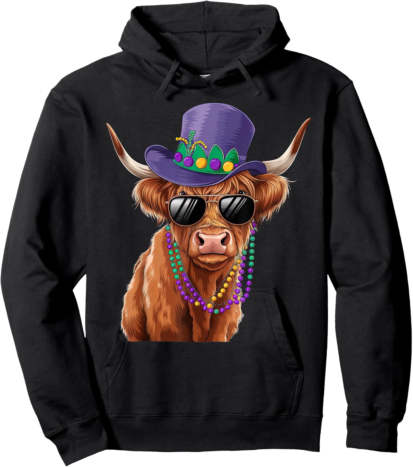 Funny Scottish Highland Cow Mardi Gras Carnival Outfit Hoodie - Hoodie | Black