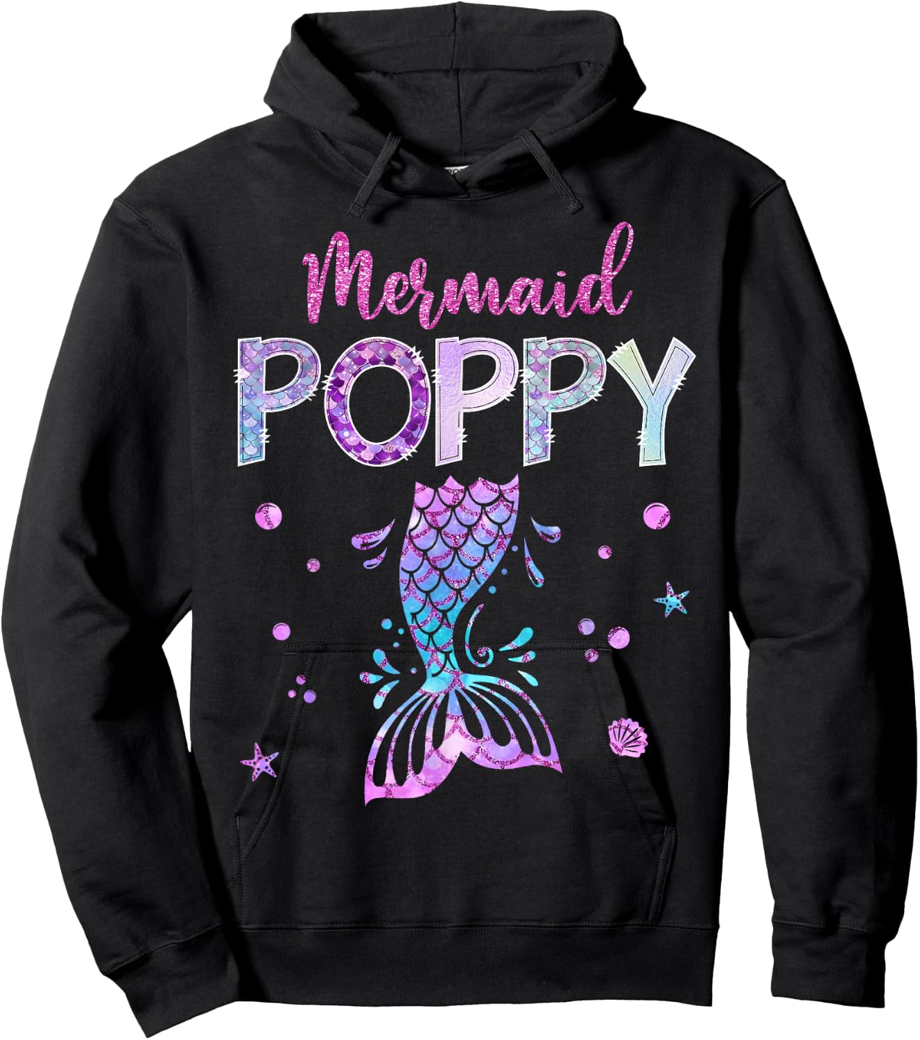 Mermaid Poppy Birthday Party Girl Family Matching Hoodie - Hoodie | Black