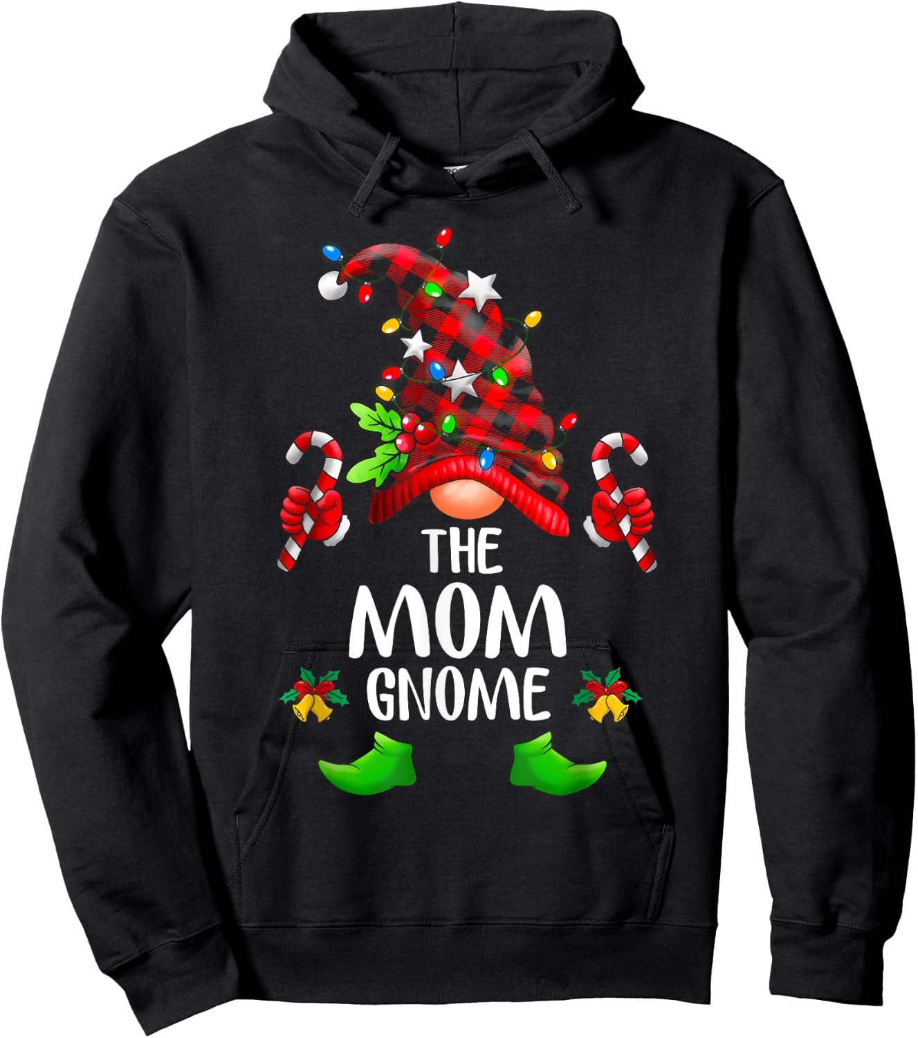 Mom Gnome Buffalo Plaid Matching Family Christmas Pajama Hoodie - Hoodie | Black