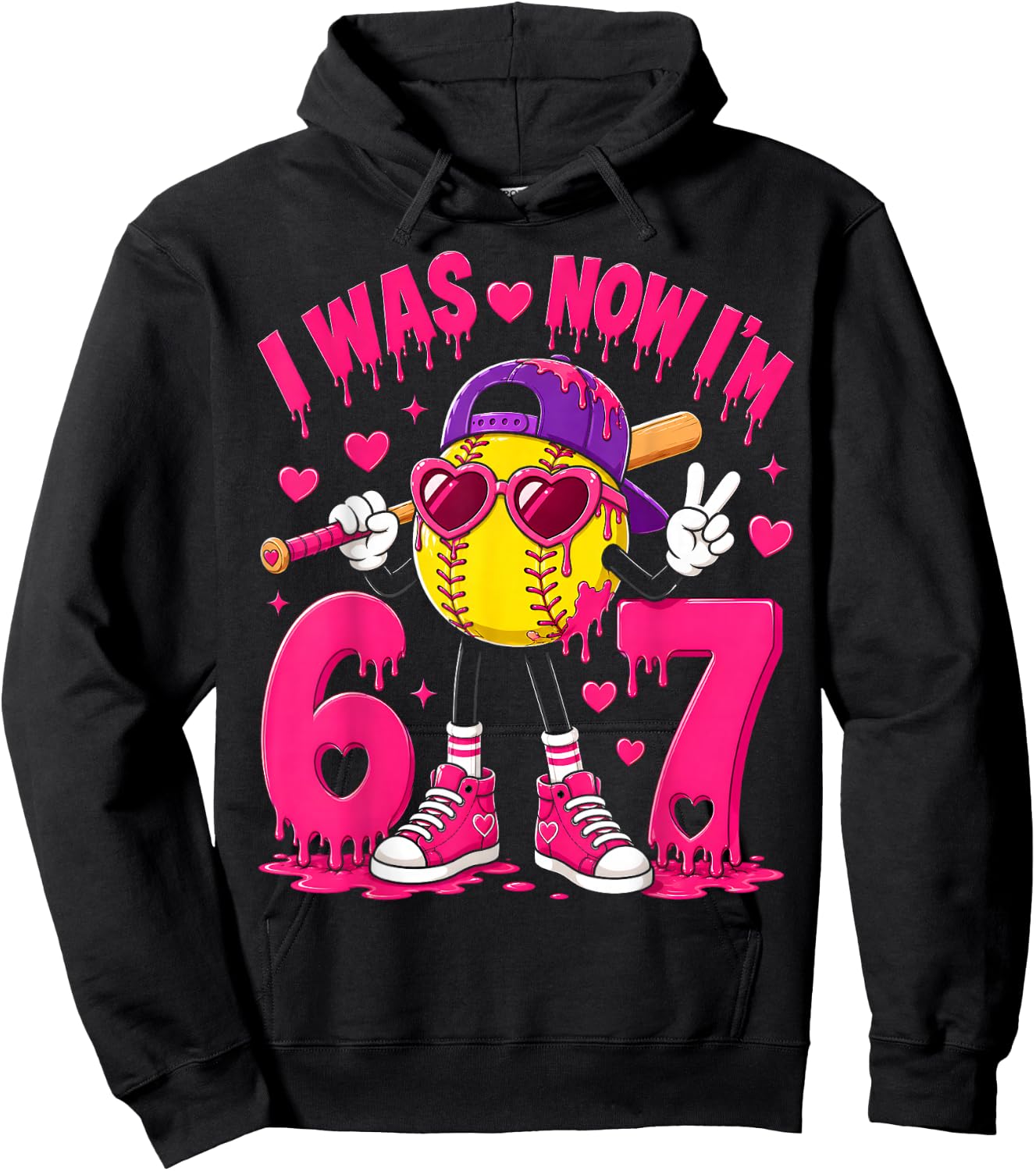 7th Birthday Boy Softball Ice Cream Drip 7 Year Old Party Hoodie - Hoodie | Black