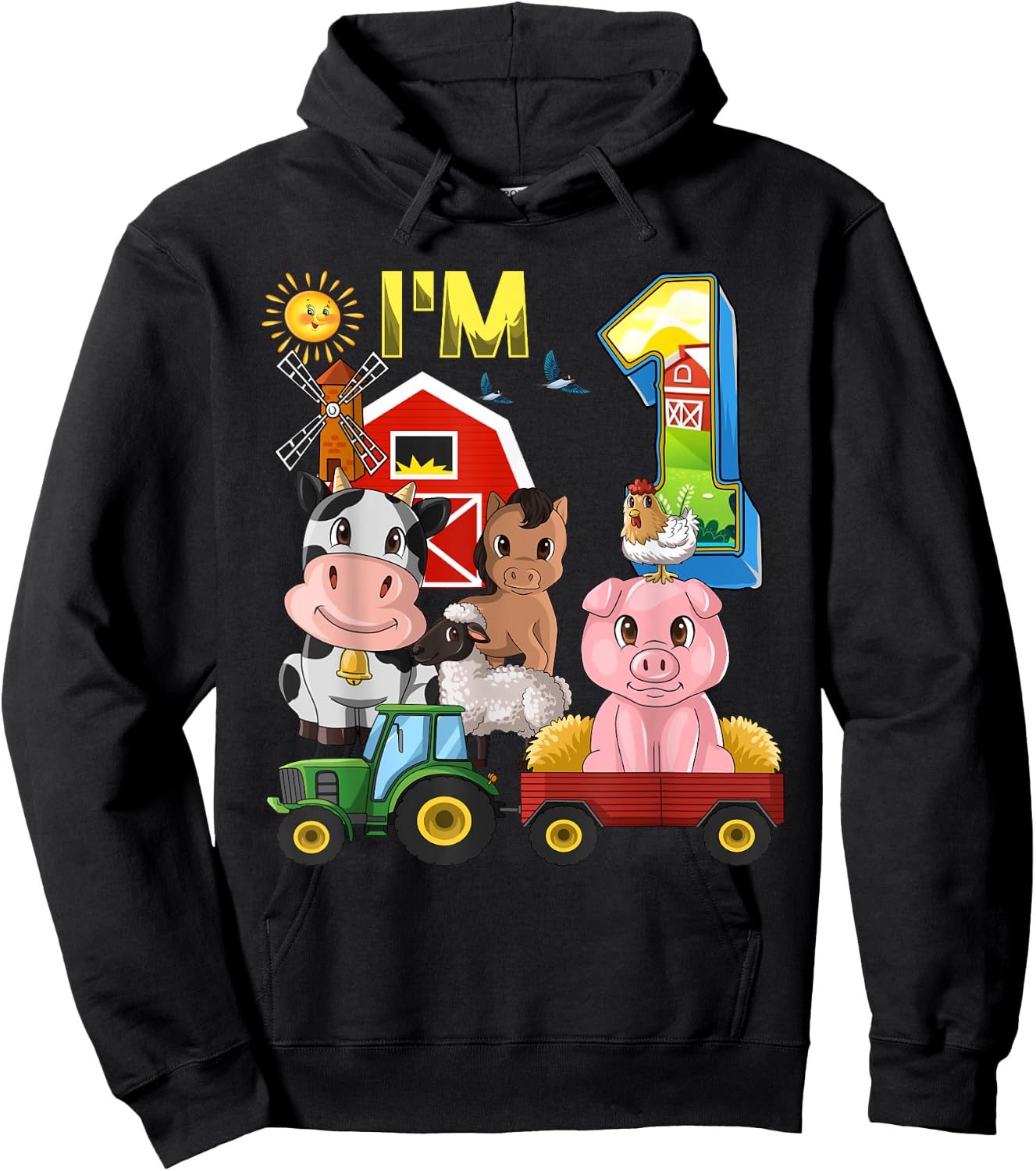 Farm Animals Barnyard Tractor 1st Birthday I'm 1 Year Old Hoodie - Hoodie | Black
