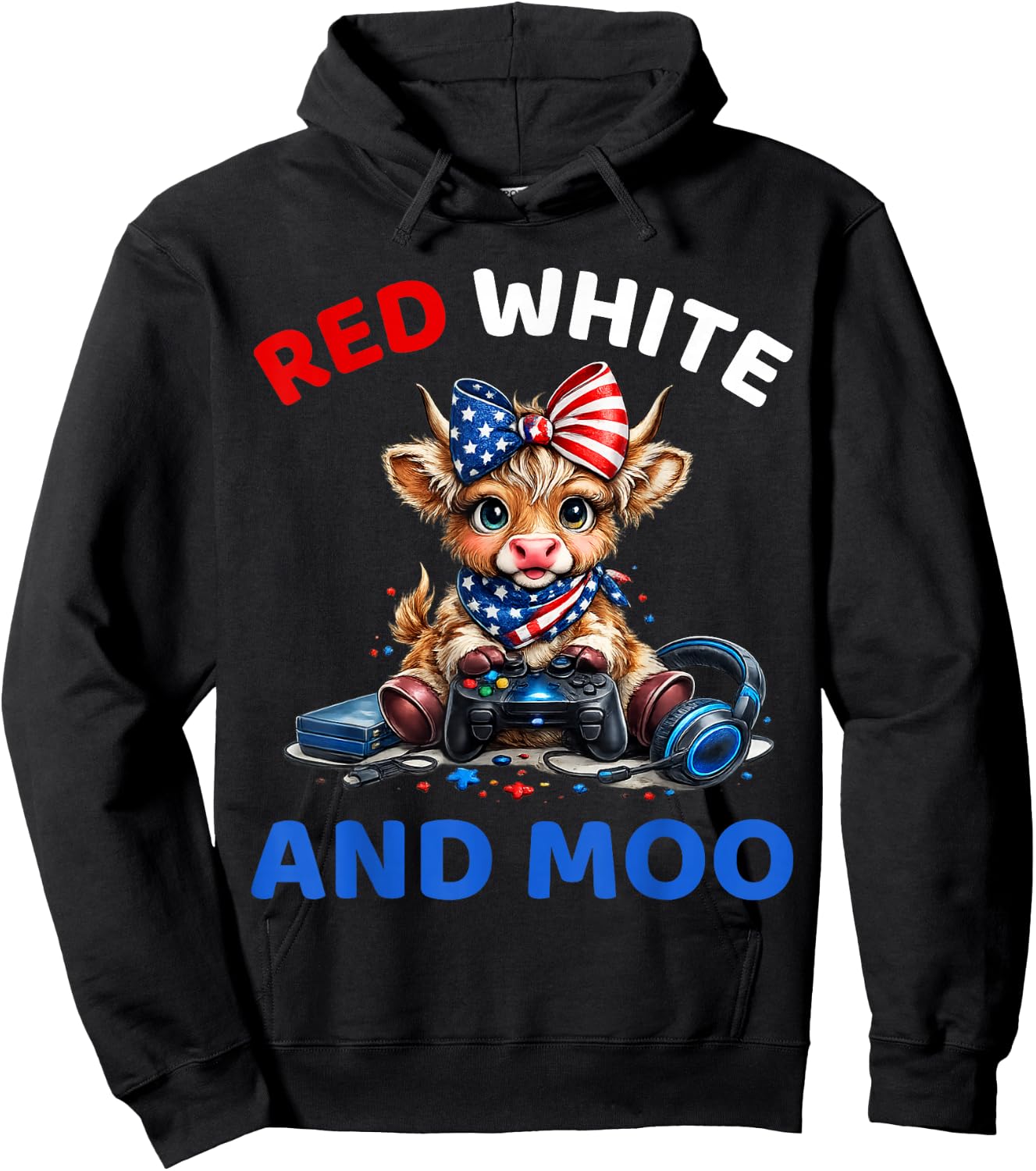 Red White and Moo Funny Highland Cow 4th of July Patriotic Hoodie - Hoodie | Black