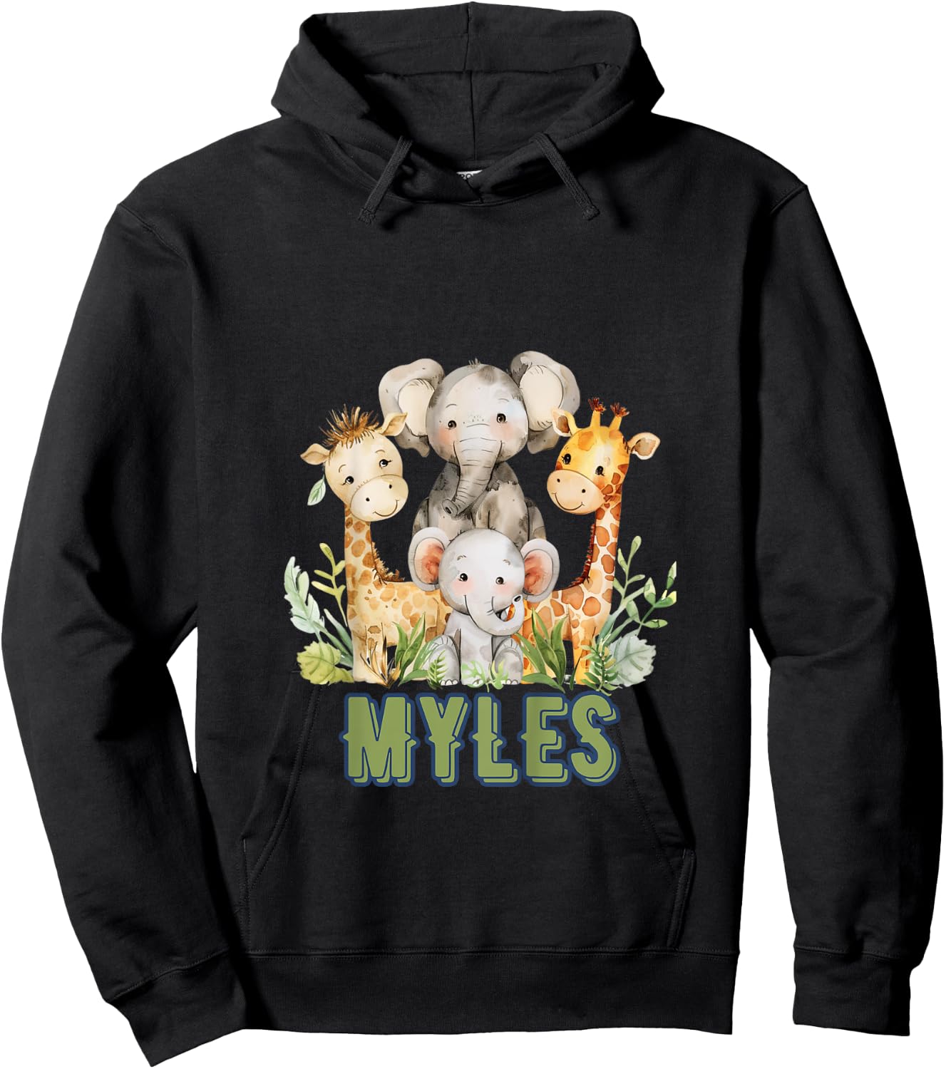 Kids MYLES First Name Safari Nursery Theme Elephant Giraffe Cute Hoodie - Hoodie | Black